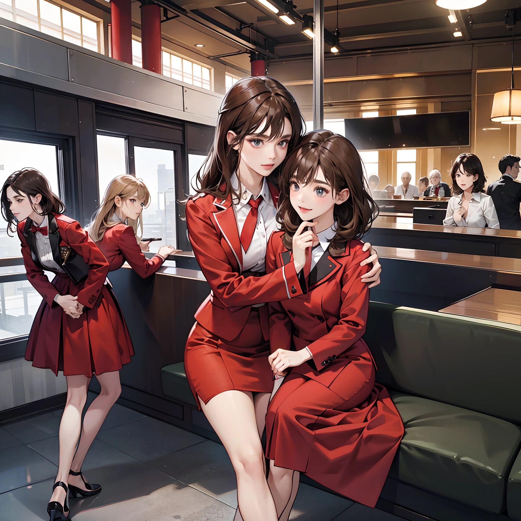 {{Mature female, caucasian}}, looking at viewer, hazel eyes, extremely detailed, medium breasts, brown hair, airport, flight attendant, uniform, red blazer, necktie, red skirt, medium skirt, high heels, happy, best quality, high quality, extremely detailed anime screencap, {{{{crowded, multiple girls, thousands of sisters, millions of sisters,billions of sisters, clone, doppelganger, matching outfit, matching hairstyle}}}}