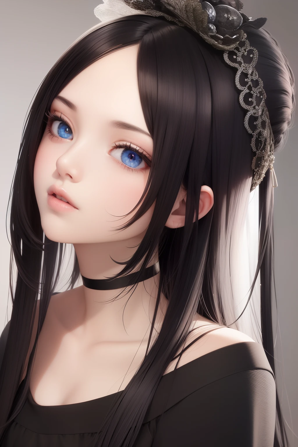 best quality, masterpiece, black hair, blue eyes, looking up, upper body