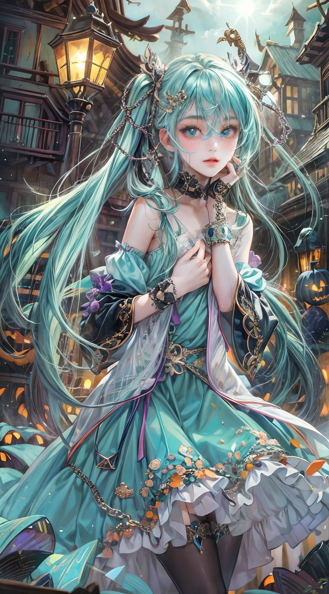 Absurdres masterpiece HDR high quality picture of Hatsune Miku, very young age girl 14 years old with detailed face, simple hair design , beautiful face, hands on waist and hands are hiding in her hair and clothes , very long hair, ((random hair style:1 )) , anime eyes, light skin ,
Halloween Festival outfit , succubus outfit, detailed hair ornaments , Halloween town background, masterpiece scenery