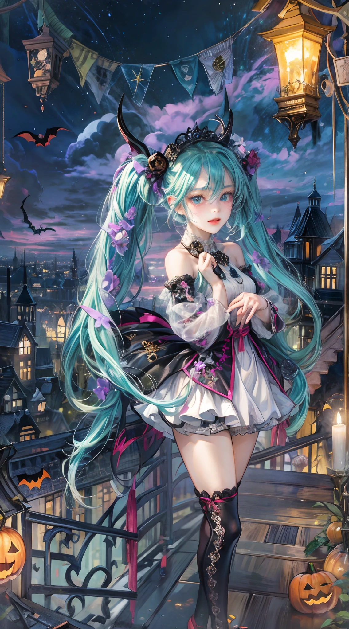 Absurdres masterpiece HDR high quality picture of Hatsune Miku, very girl 14 years ailed face, simple hair design , beautiful face, hands on waist and hands are hiding in her hair and clothes , very long hair, ((random hair style:1 )) , anime eyes, light skin ,
Halloween Festival outfit , succubus outfit, detailed hair ornaments , Halloween town background, masterpiece scenery