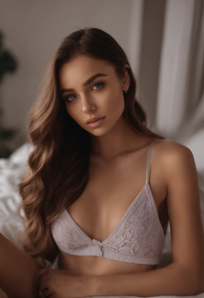 arafed woman with black clothes, sexy girl with brown eyes, portrait sophie mudd, brown hair and large eyes, selfie of a young woman, bedroom eyes, violet myers, without makeup, natural makeup, looking directly at the camera, face with artgram, subtle makeup, stunning full body shot, in bedroom, cleavage