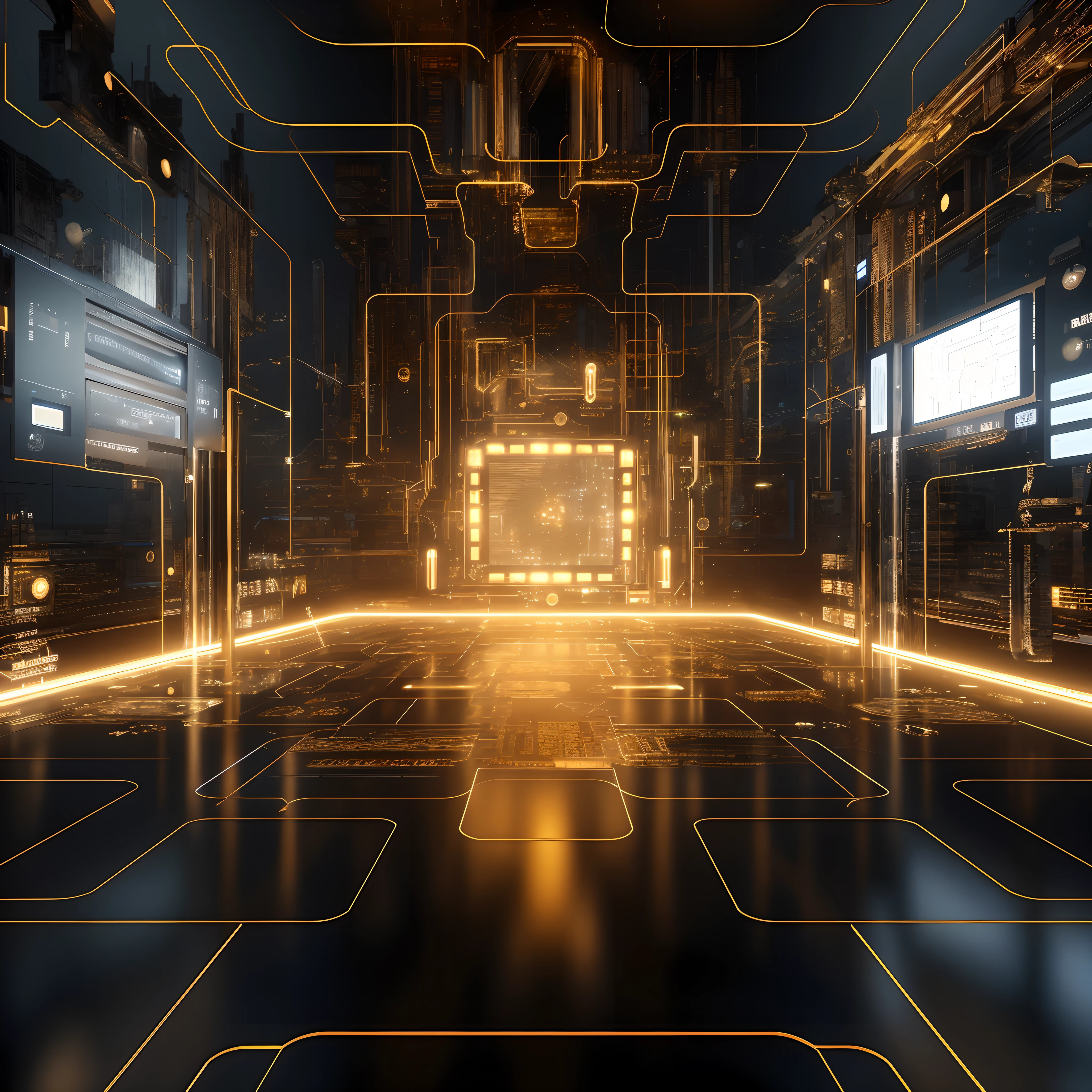 A close-up of a room with lots of lights, background of digital greebles, sci - fi interior, futuristic room background, 8 k cg render, futuristic laboratory, futuristic hall, Futuristic setting, octane render sci - fi, cyber steampunk 8 k 3 d, 3 d render of a scifi spaceport, futuristic scientific laboratory, Future science fiction. Game CG