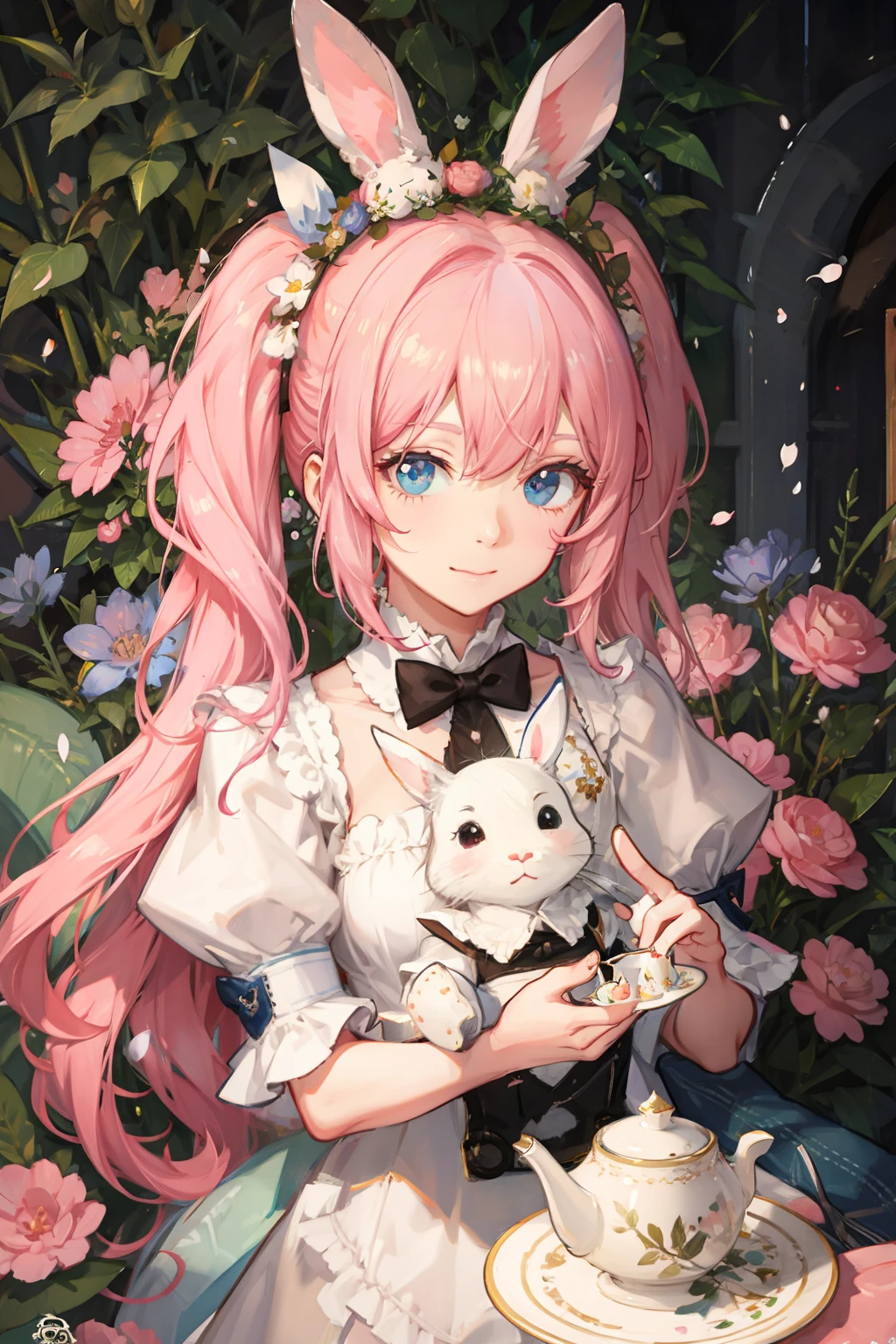 (Cute illustration:1.5),Peter Rabbit Rabbit , Garden party surrounded by flowers , Cute smiling girl, With twin tails、Hair color is pink , Blue pastel color outfit、Peter Rabbit is holding a baby, tea parties, a cake、 macaroons、donut、cookies、black tea、cute little、Cute 、Dolce、fluffly、Dolce、Pale shades