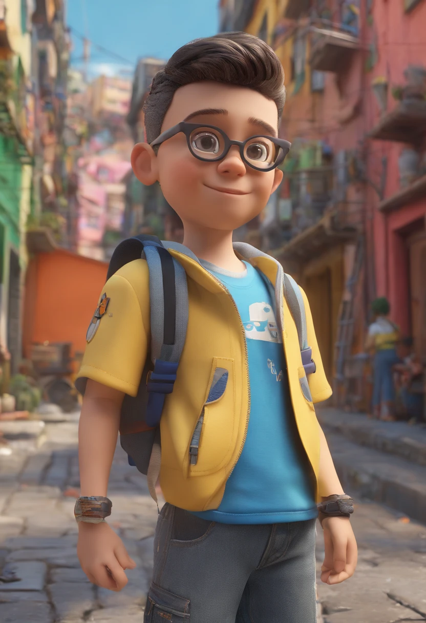 White boy with low hair and black glasses in Pixar Brazil favela