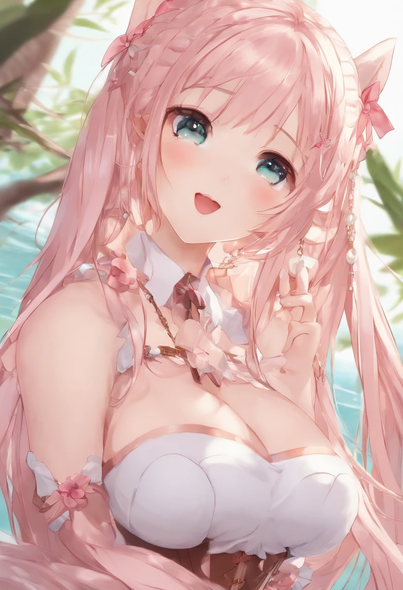 long hair, twintails, side braids, bell, aqua eyes, pink eyes, kemonomimi mode, tongue, blush, tongue out, moaning, drooling, torogao, glint, saliva trail, excited, oral invitation, character chart, high details