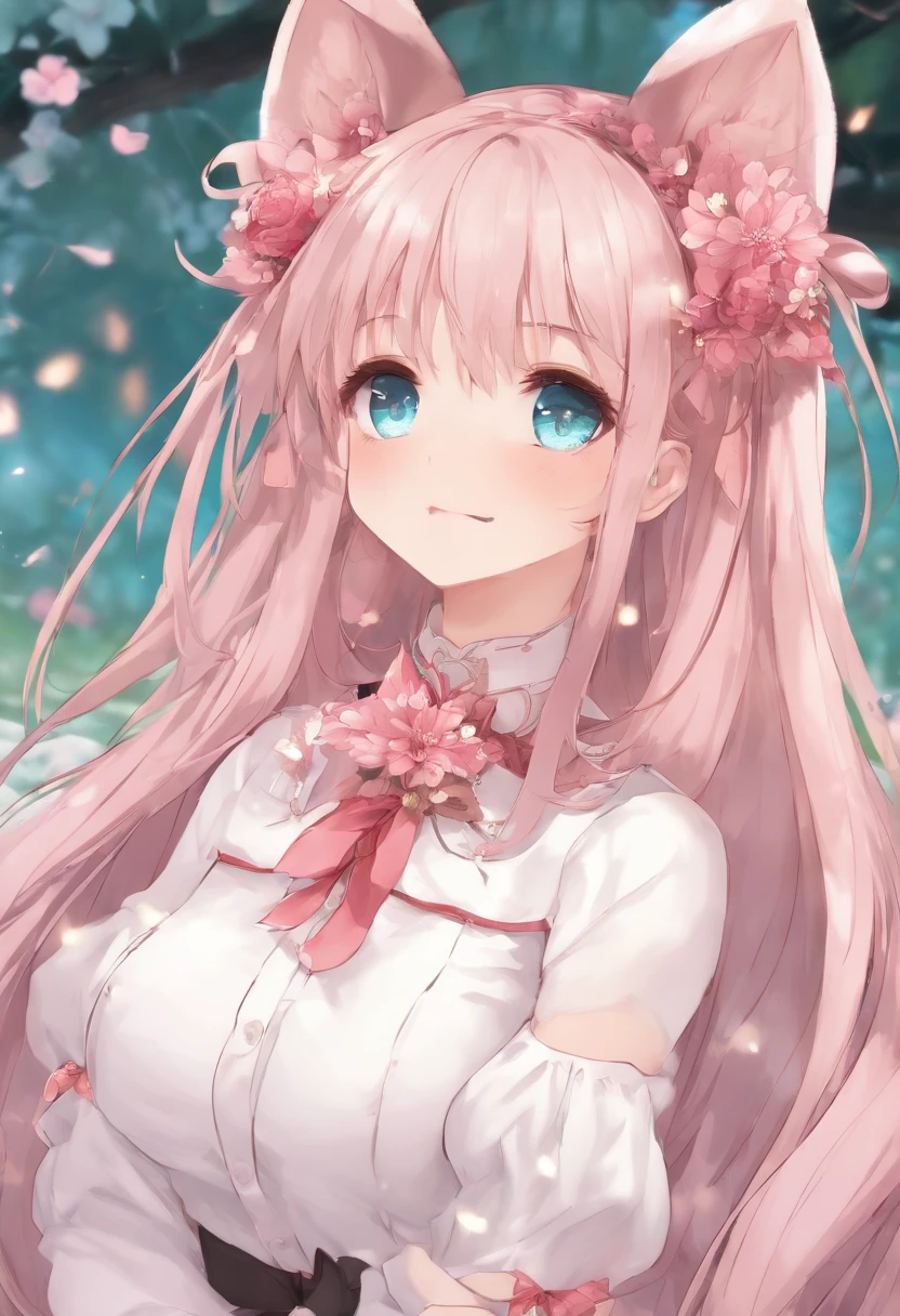 long hair, twintails, side braids, bell, aqua eyes, pink eyes, kemonomimi mode, tongue, blush, tongue out, moaning, drooling, torogao, glint, saliva trail, excited, oral invitation, character chart, high details
