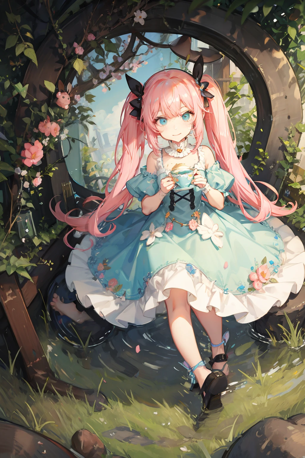 (Cute illustration:1.5),Peter Rabbit Rabbit , Garden party surrounded by flowers , Cute smiling girl, With twin tails、Hair color is pink , Blue pastel color outfit、Peter Rabbit is holding a baby, tea parties, a cake、 macaroons、donut、cookies、black tea、cute little、Cute 、Dolce、fluffly、Dolce、Pale shades