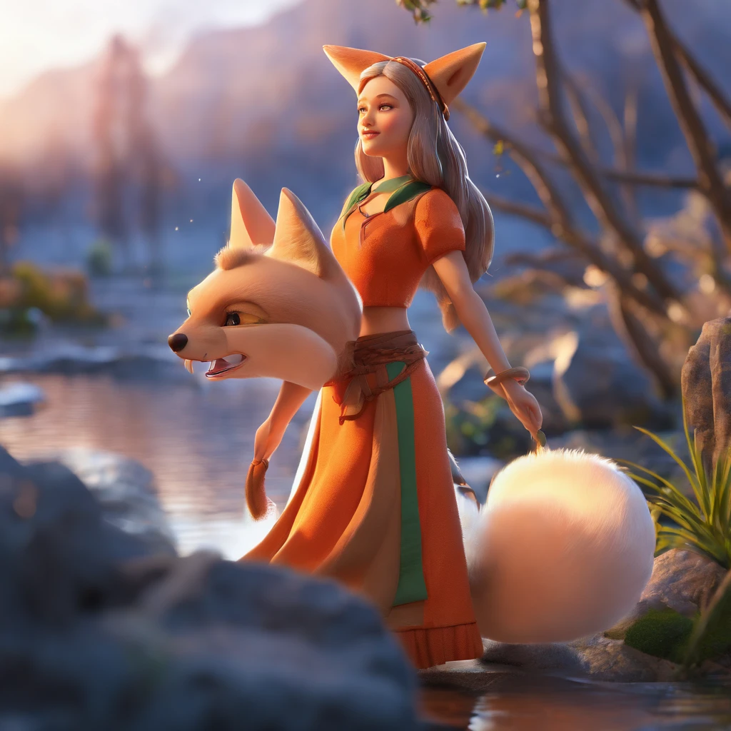3d figure, girl with fox ear and tail, staff, chanting magic, river