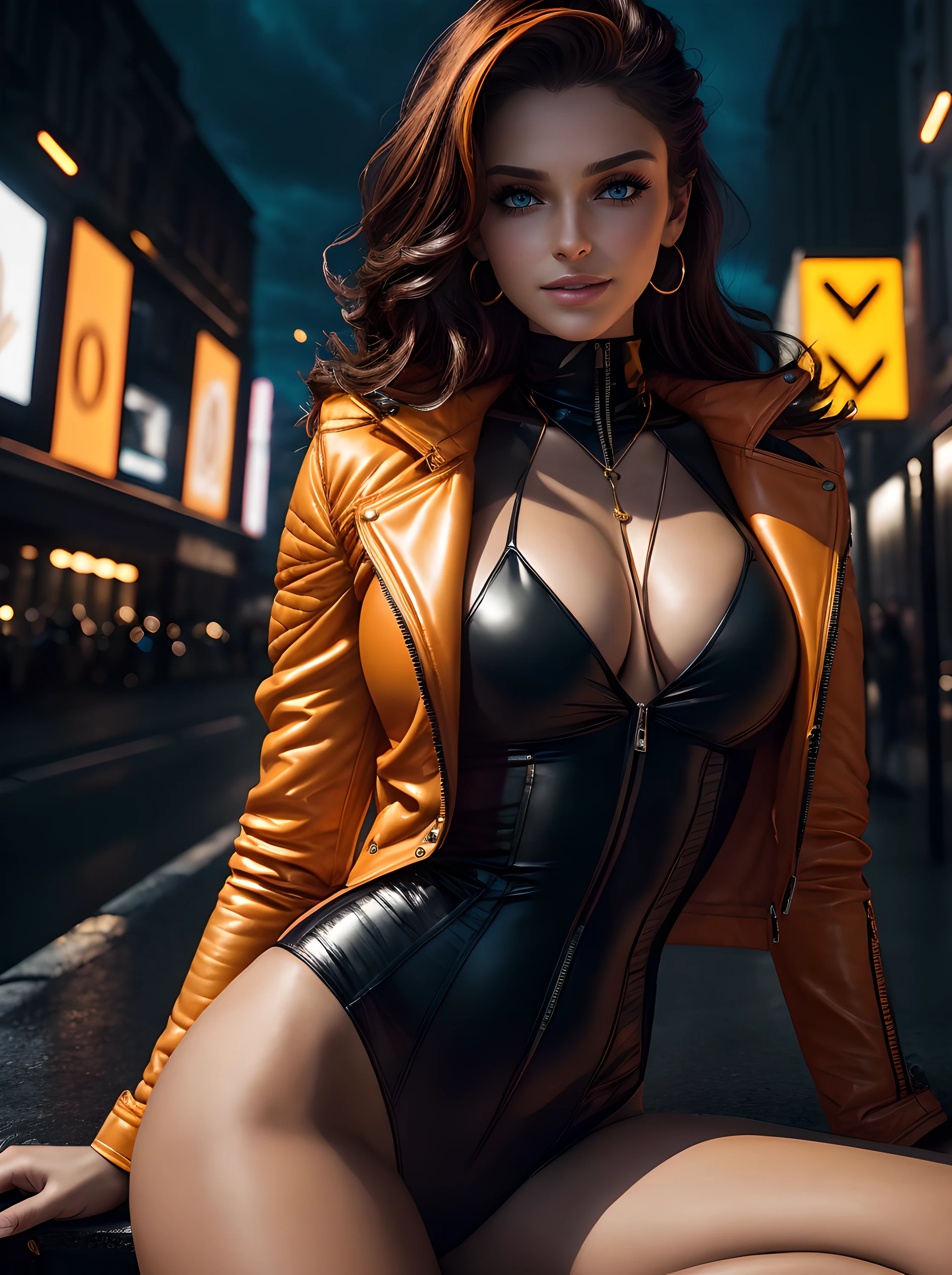 tmasterpiece, beste-Qualit, Digital Influencer Thais Carla, orange long jacket, Real breasts, Black bodycon suit covering the whole body, big blue eyes, 8K, Highly detailed face, a perfect face, the perfect body, Posing, (intricate details:0.9), (HDR, hyper-detailing:1.2), (natural skin textures, hyper realisitc, soft light, Sharp), (Intricate Detail 1.5), bright colours, ((Lots of neon consecration)). ((Sits)), ((Playful smile)), provocation,