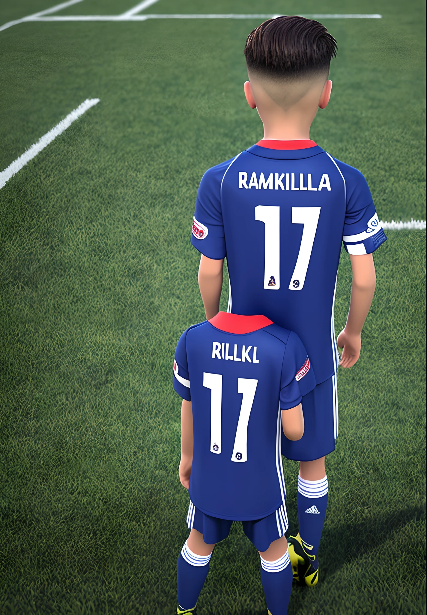 A boy wearing a football shirt with the back number 17 named "Rijal", 3D animation