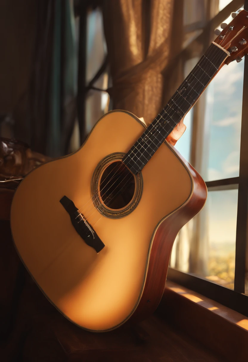 (best quality, highres, ultra-detailed, realistic:1.37), vibrant colors, Pixar-style image, 3D character, composer, writing music, recording studio, acoustic guitar, moral hits compositions, inspirational scenery