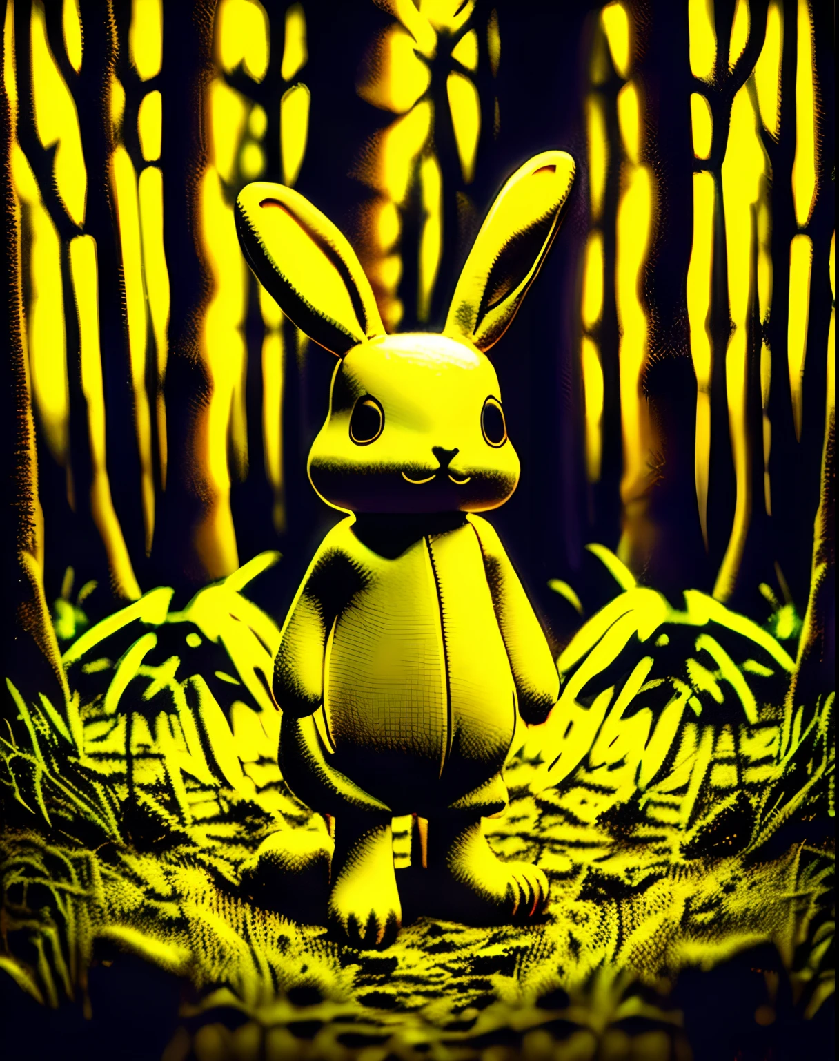 Creepy Skinny Yellow Bunny In The Forest At Night