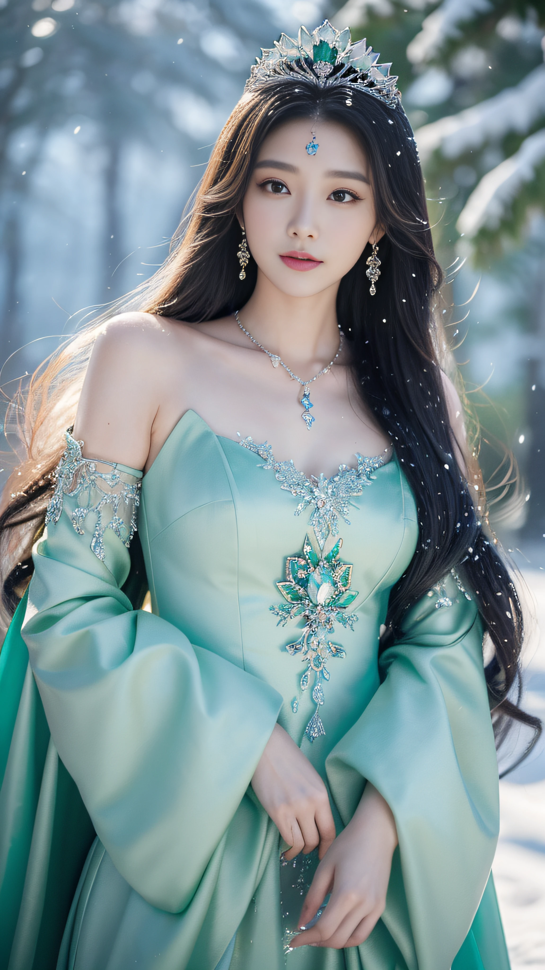 There was a woman in a green dress，Wearing a necklace,((a beautiful fantasy empress).inspired by Sim Sa-jeong，Azure.detailed hairs,winter snow falling princess,LCE Princess,Guvez-Steville artwork,8K)),fantasy aesthetic!.Guviz,Ice Queen,8k high-quality detailed art.