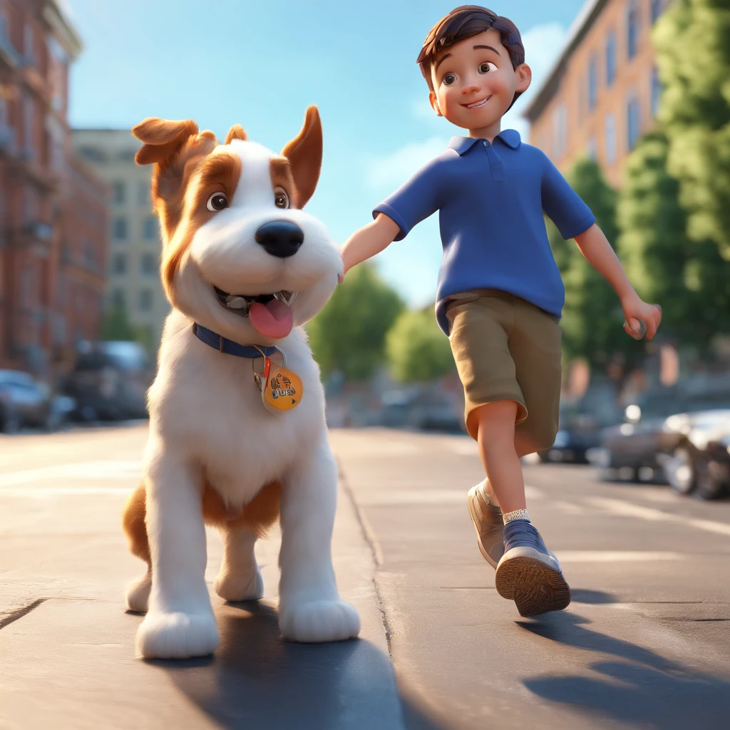Lucas is a smiling 5 year old human boy, With Your Faithful Friend, bolt, Schnauzer, walking down a city street