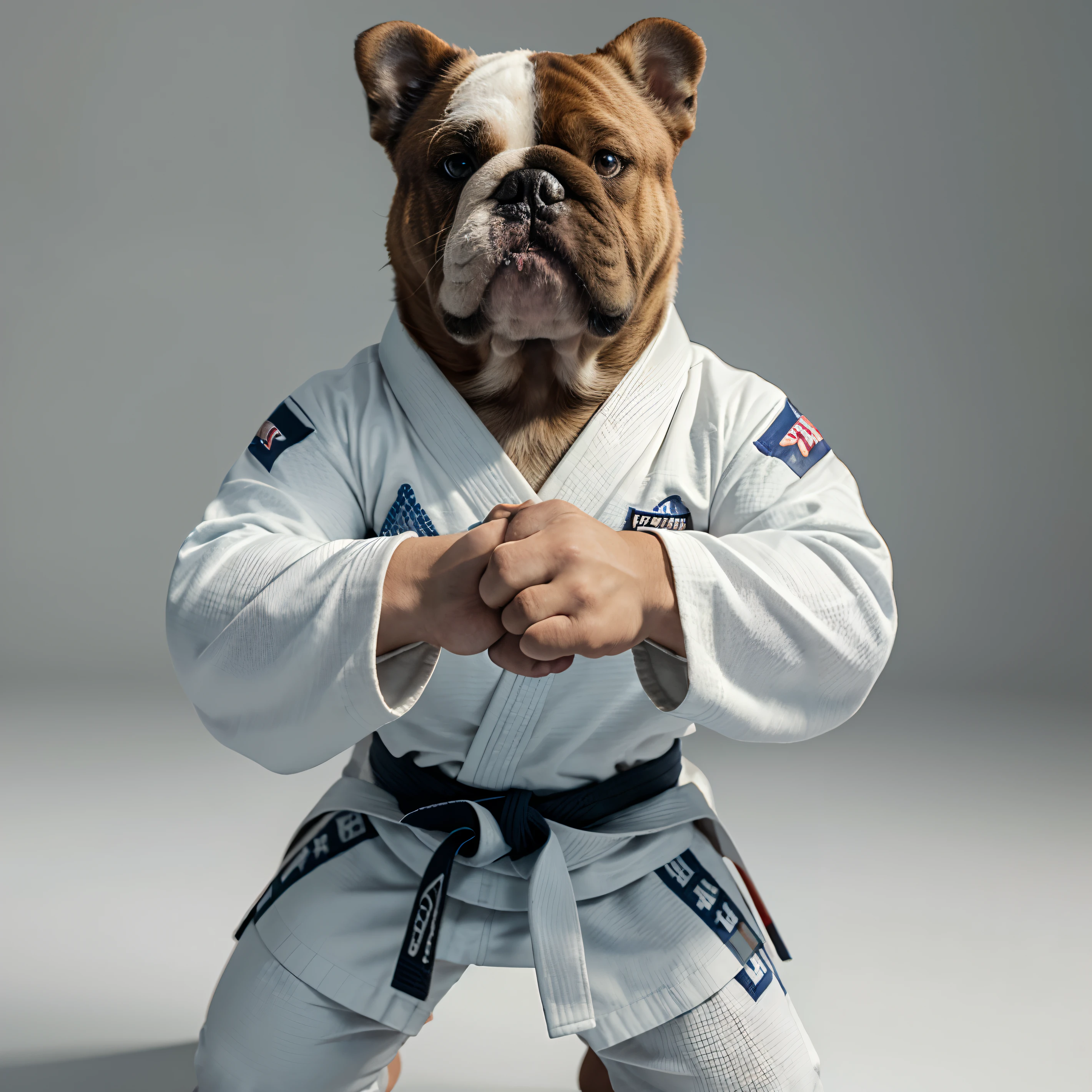 best quality, masterpiece, 3d Pixel design, extremely detailed CG unity 8k wallpaper, Bulldog wearing a jiu-jitsu kimono in fight position with a white background