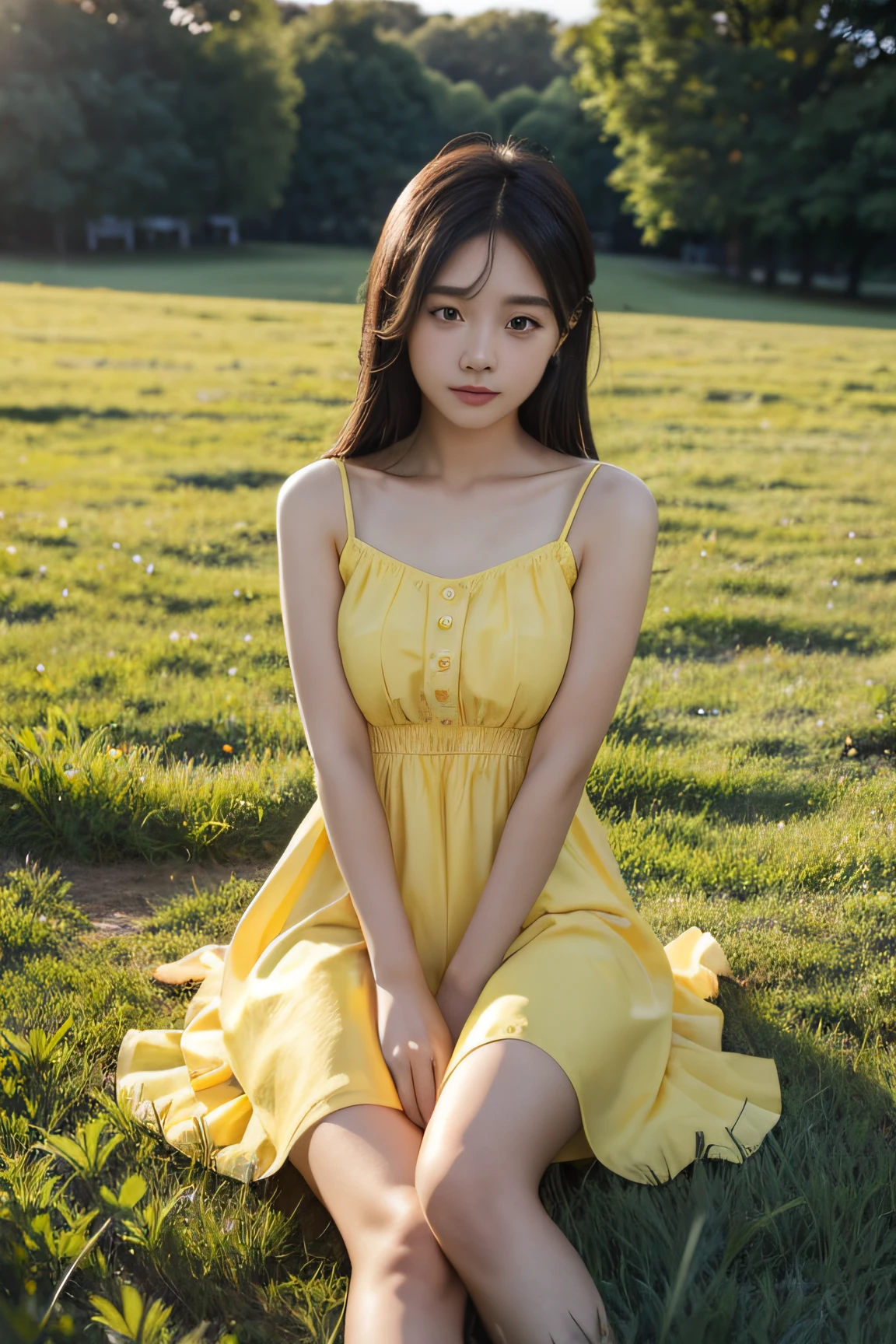 At dusk, a girl in a yellow dress sits on the green meadow