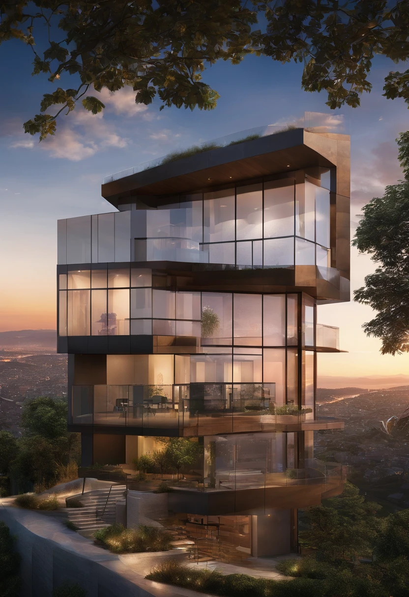 an impressive image of a contemporary glass-walled residence perched on a hilltop, overlooking a sparkling city skyline. Capture the dramatic twilight sky and the reflection of lights on the transparent surfaces. Set your professional camera to aperture priority mode, f/5.6, ISO 400, and use a wide-angle lens to encompass the panoramic view. –v 5.1