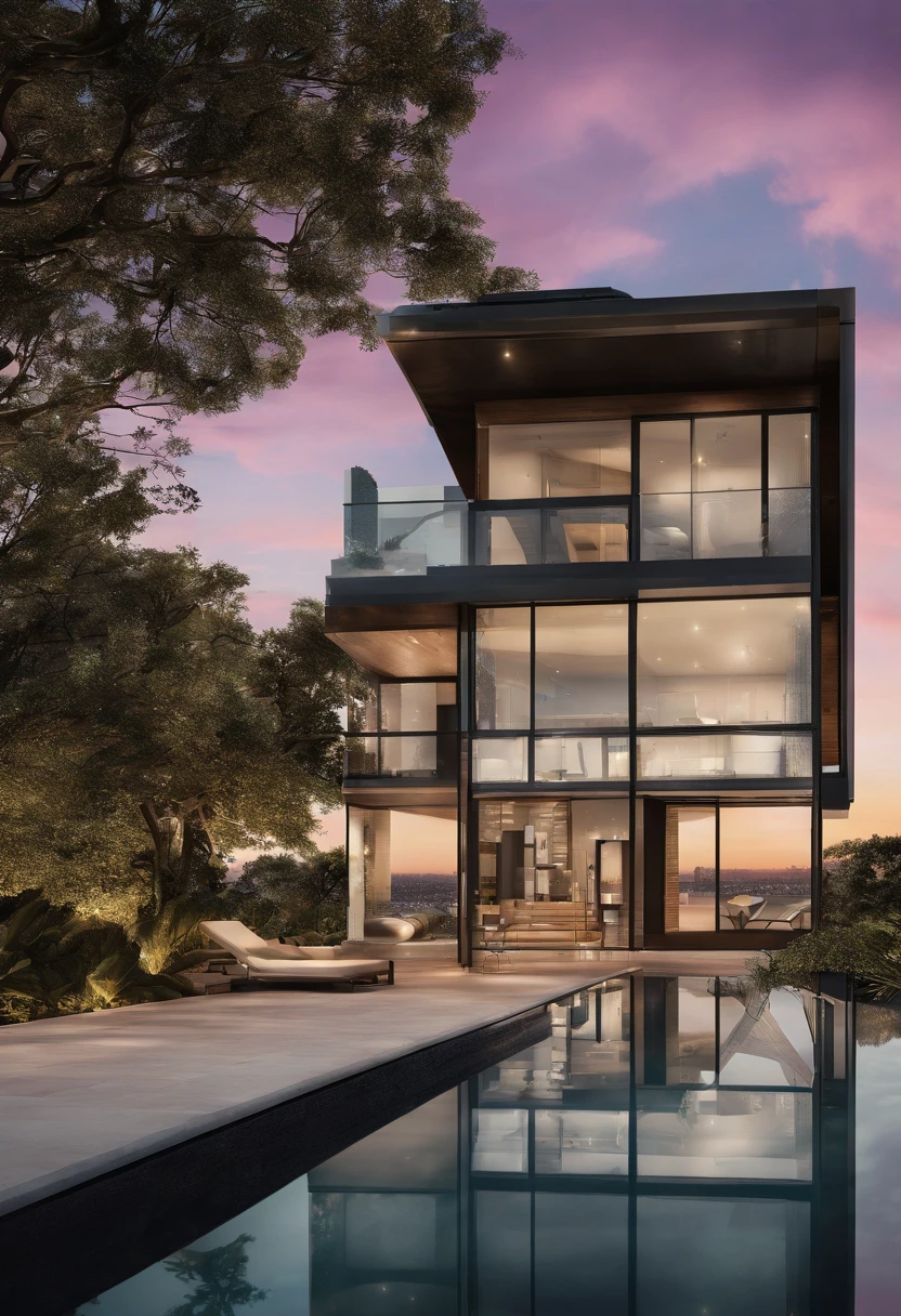 an impressive image of a contemporary glass-walled residence perched on a hilltop, overlooking a sparkling city skyline. Capture the dramatic twilight sky and the reflection of lights on the transparent surfaces. Set your professional camera to aperture priority mode, f/5.6, ISO 400, and use a wide-angle lens to encompass the panoramic view. –v 5.1