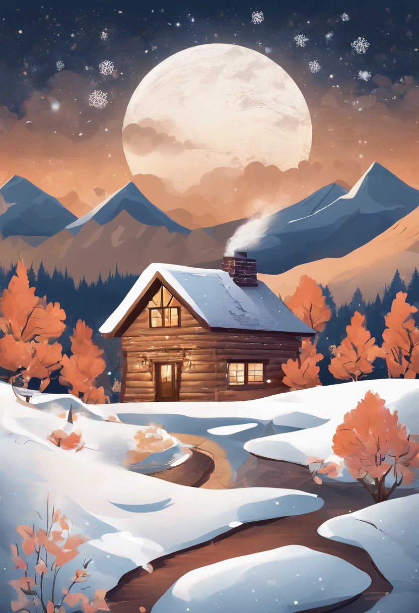 Novi Mountains, A small house, smoke from chimney, There are several trees around, Thick snow on the ground,Warm tones, snowflakes falling, Starry sky