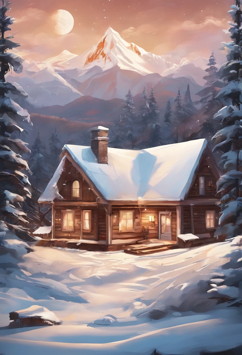 Novi Mountains, A small house, smoke from chimney, There are several trees around, Thick snow on the ground,Warm tones, snowflakes falling, Starry sky