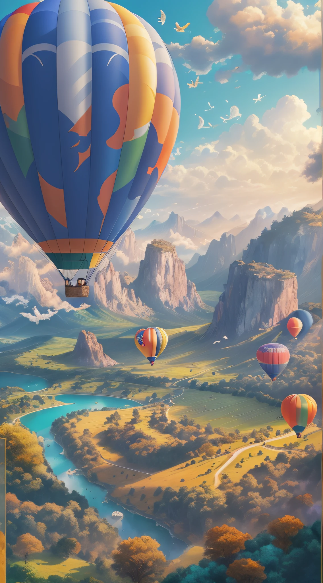 Painting of a hot air balloon flying over a valley with a river - SeaArt AI