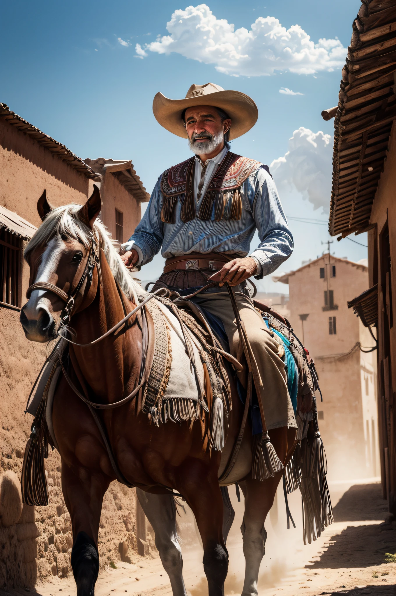(best quality,4k,8k,highres,masterpiece:1.2),ultra-detailed,realistic,historical art,group of white Argentine men,traditional gaucho attire,horseback riding,dusty streets,bustling Argentine town,laughter and banter,historic architecture,billowing dust clouds,sunlit scene,vivid colors,traditional gauchos.