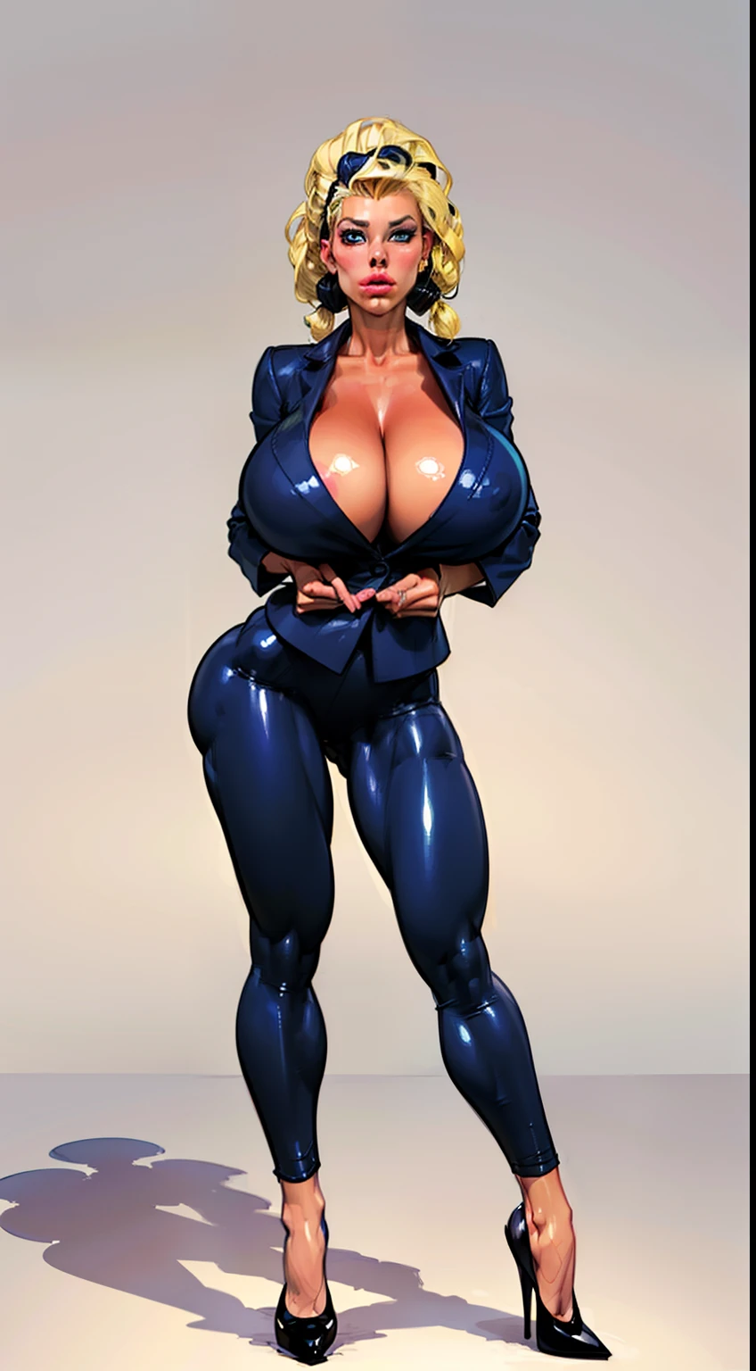 ((masterpiece)),(((best quality))), ((character design sheet:1.4)), ((full body view)) illustration,1girl, muscular, (( dark business suit:1.5)), bubbles, (((Womens Pompadour hairstyle:1.4))), ((light blonde hair:1.4)), blue suit ((detailed face:1.4)) ((gigantic breasts:1.6)), (latex pants), ((cleavage)), beautiful woman, shiny skin, (thick legs), scribbles and marks, rough sketches, pose, 8k,16k, (simple background, white background: 1.3)