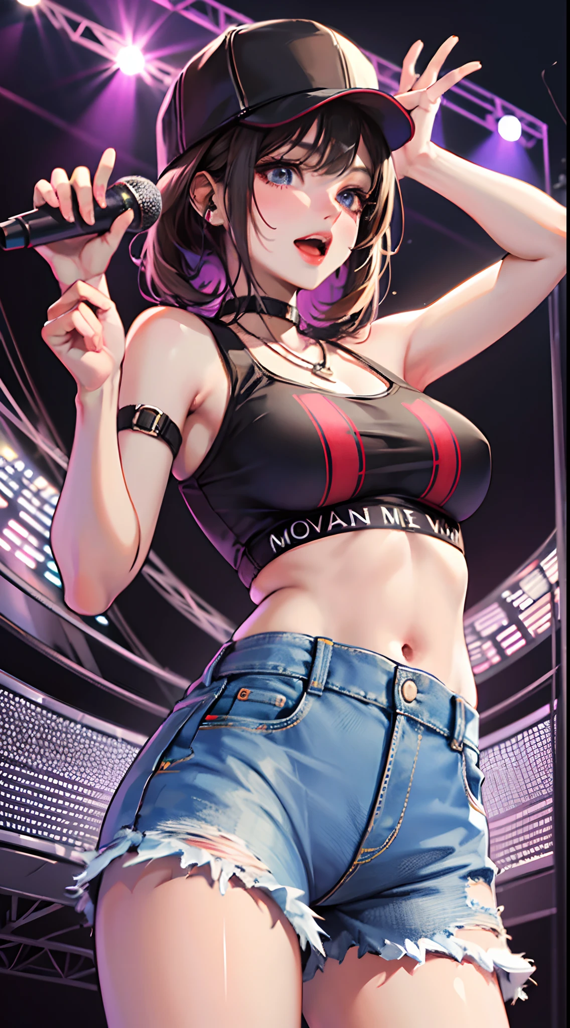 （Highest image quality）Delicate face，An anime girl，Energetic girl on stage，Wear jeans，With a cap，Microphone in hand，Singing