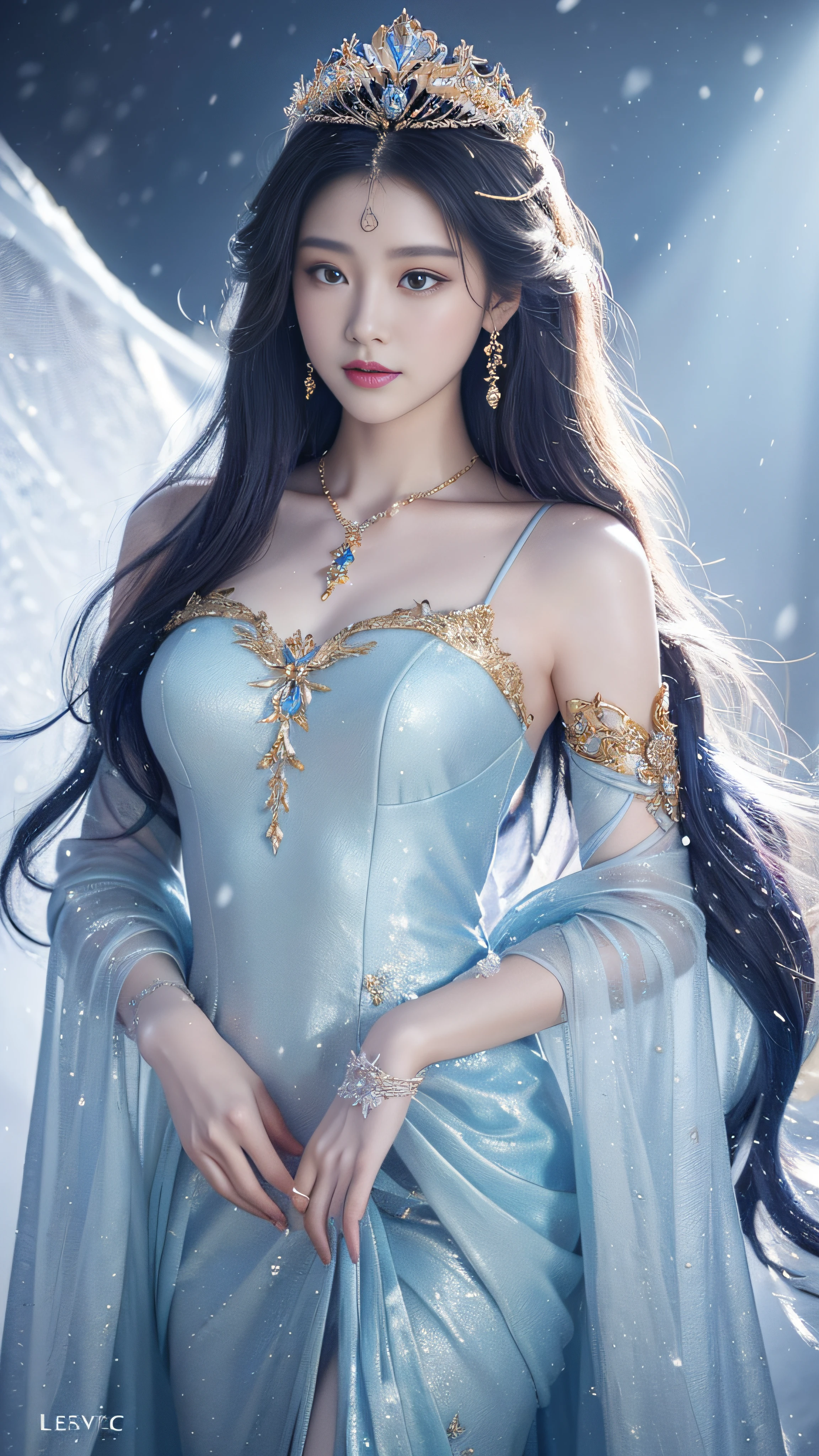 There was a woman in a golden dress,Wearing a necklace,((a beautiful fantasy empress).inspired by Sim Sa-jeong,Azure.detailed hairs,winter snow falling princess,LCE Princess,Guvez-Steville artwork,8K)),fantasy aesthetic!.Guviz,Ice Queen,8k high-quality detailed art.
