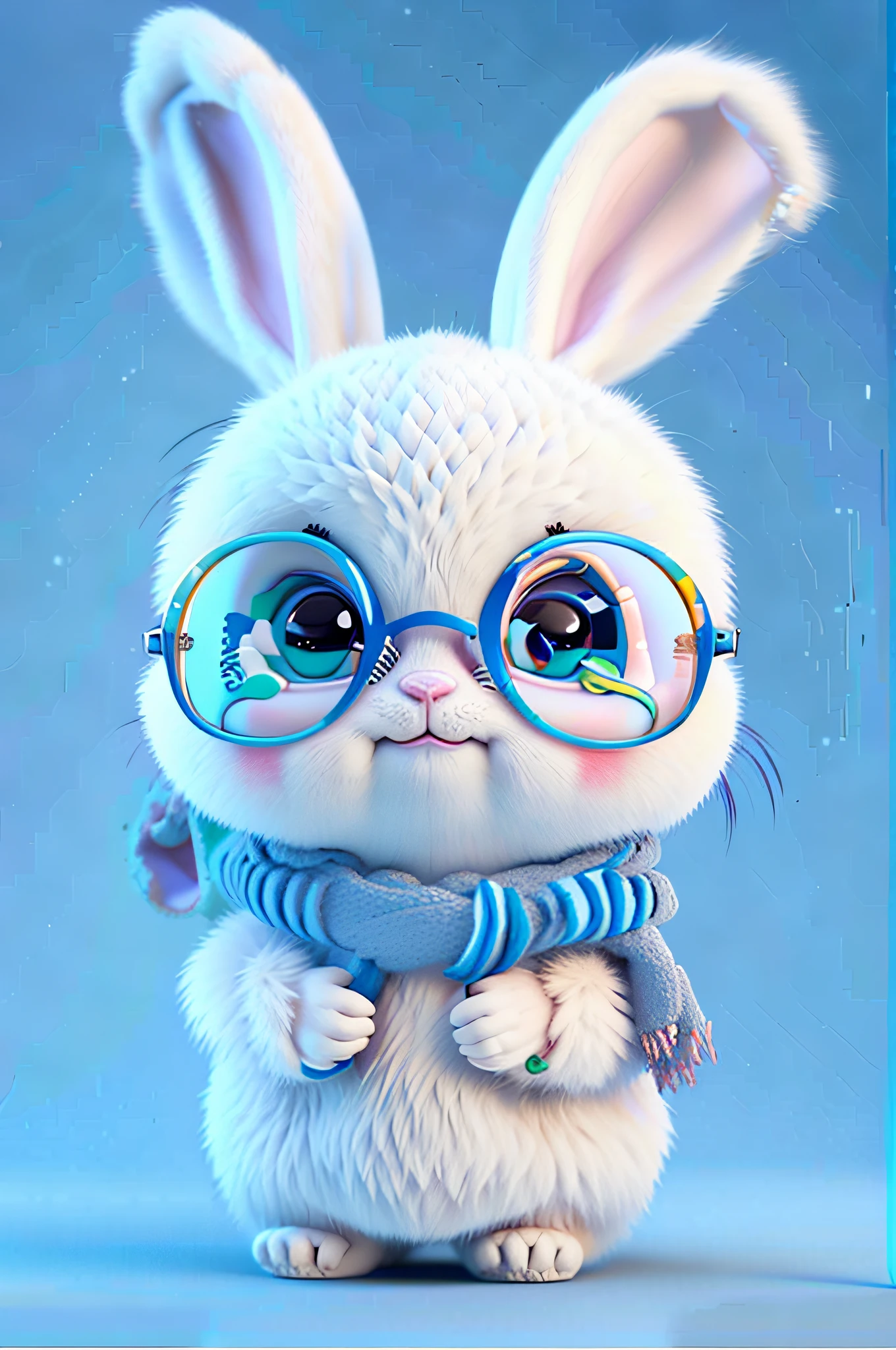 Close-up of cartoon rabbit with glasses and scarf, cute anthropomorphic bunny, lovely digital painting, adorable digital art, Cute cartoon character, Cute detailed digital art, cute 3 d render, cute character, cute artwork, edgBunny_Character, anthropomorphic rabbit, dream animal cute eyes, cute detailed artwork, White rabbit, Cute cute