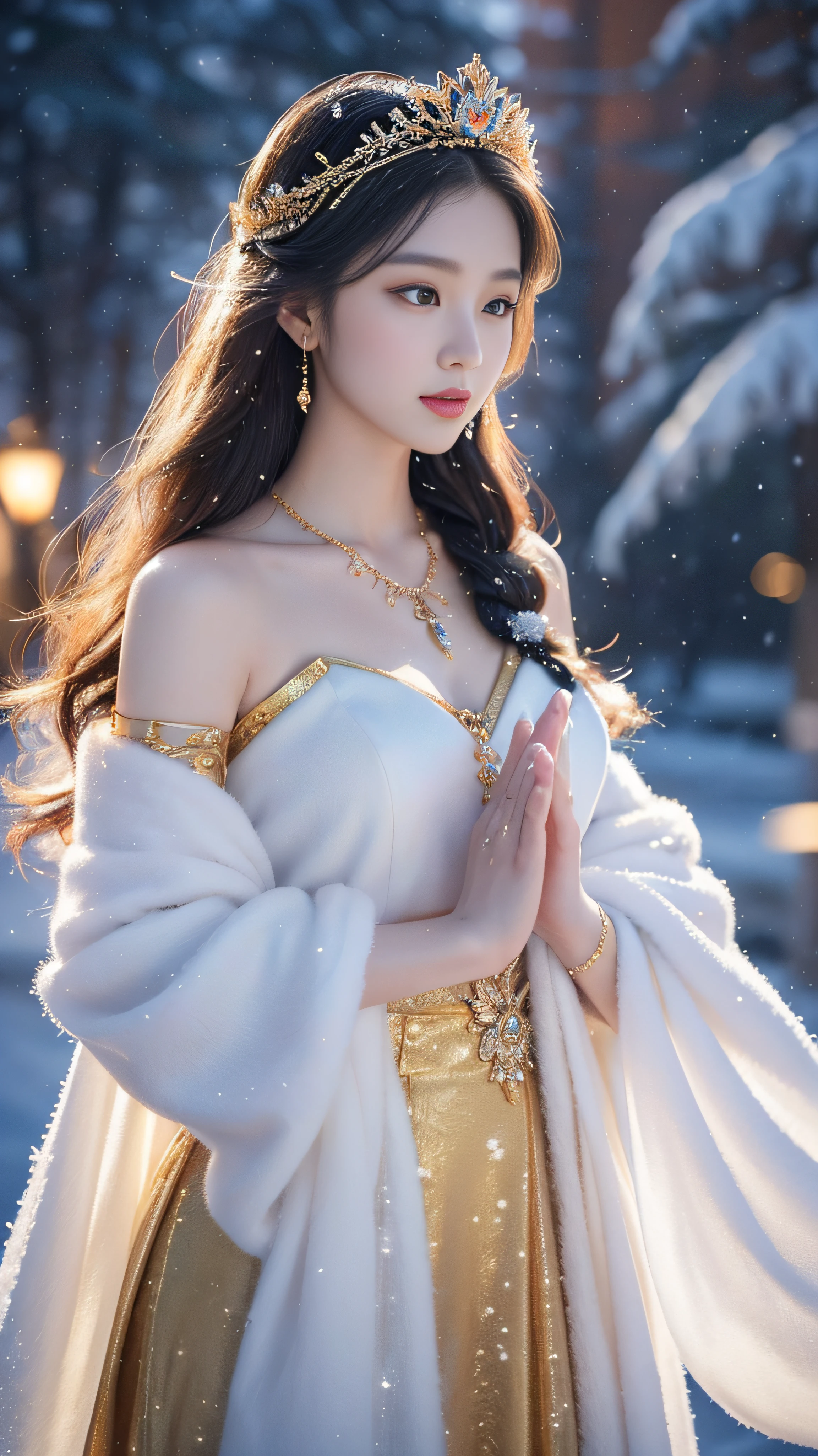 There was a woman in a golden dress,Wearing a necklace,((a beautiful fantasy empress).inspired by Sim Sa-jeong,Azure.detailed hairs,winter snow falling princess,LCE Princess,Guvez-Steville artwork,8K)),fantasy aesthetic!.Guviz,Ice Queen,8k high-quality detailed art.