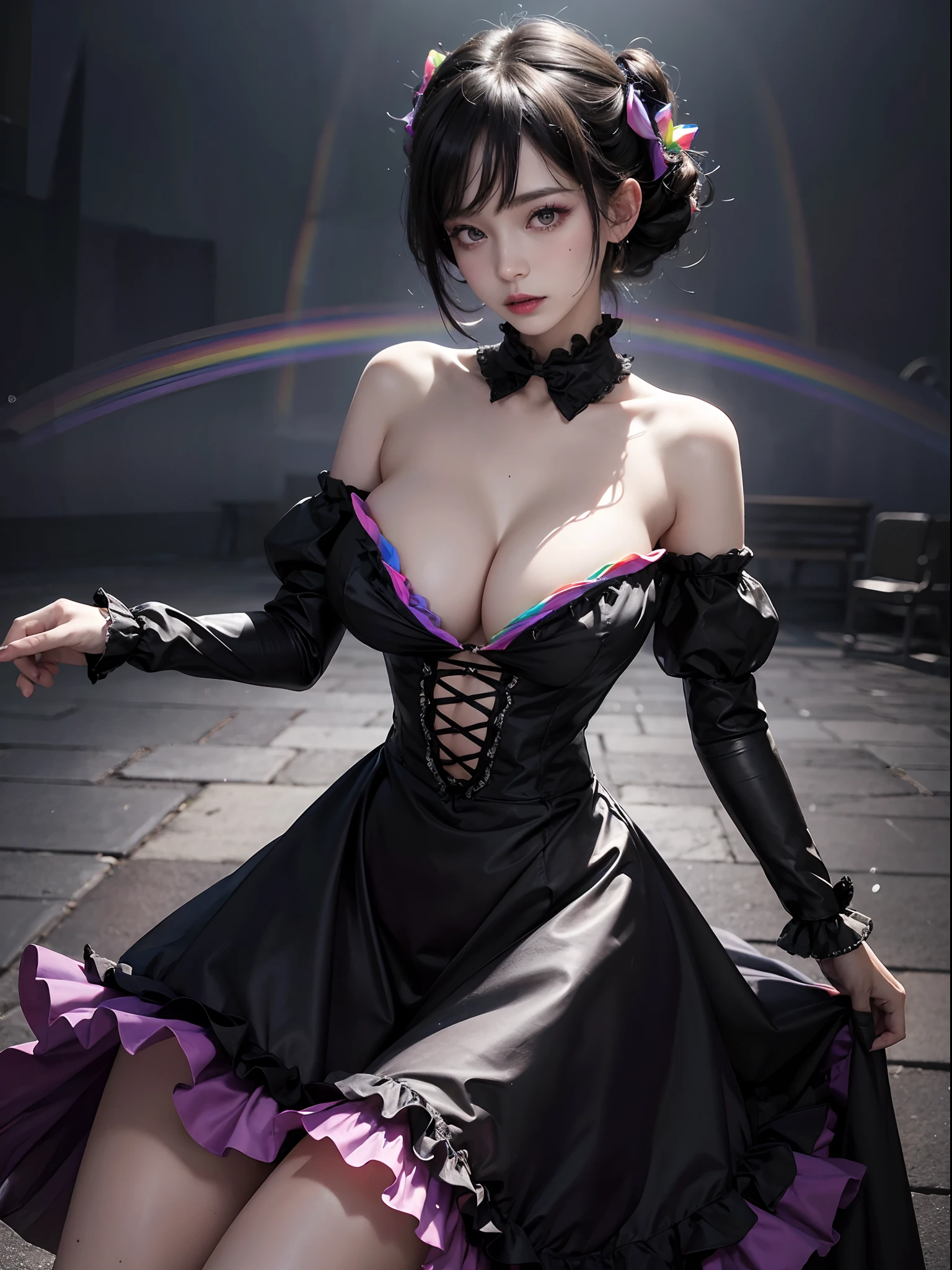 masterpiece,mature, 25yo,best quality,1girl,gothgal,frilly dress 8k,highres, (rainbow-candy:1.2) ((large breast,big boobs))
