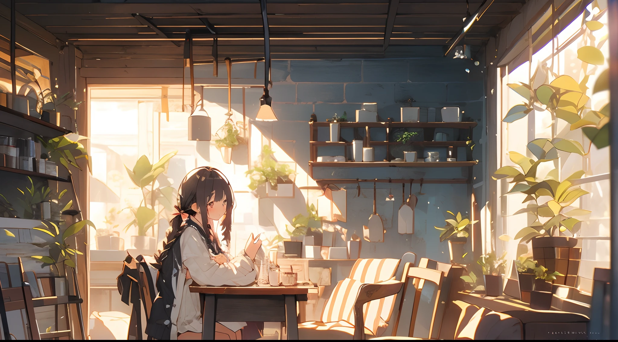 (Masterpiece:1.2), Best quality,cozy anime, 1girll, Solo, Sitting, Long hair, Indoors, view the viewer, Hair ribbon, ribbon, Brown hair, Blush, Braid, window, Brown eyes, plant, chair, bangs, Table, dress, Jacket, Long sleeves, potted plant, Blurry, White jacket, Open clothes, Ccup, From the side Side, foot out of frame, Depth of field, Very long hair