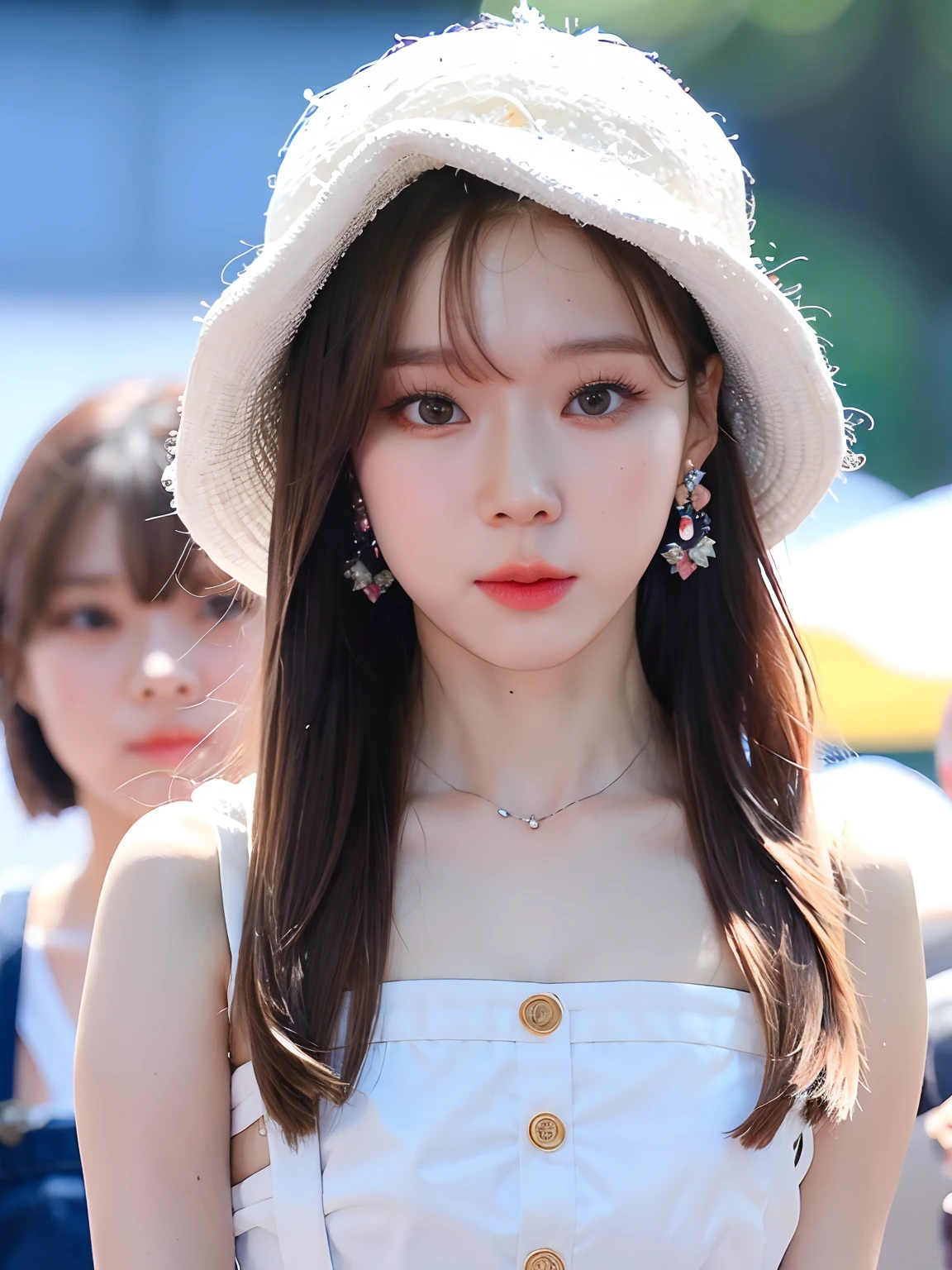 Araffe girl with a white cat hat and a blue jeans overall, franja branca, Ulzzang, franja fofa, cabelo whitebangs cabelo, Lalisa Manobal, Heonhwa Choe, longos cabelos brancos e franja, Jinyoung Canela, Jaeyeon Nam, cabelos brancos e fringy, Dom Yunjoo, branco hime corte penteado, wan adorable korean face, cabelo azul, cabelos azulados, cabelos chamativos. Black buttons for eyes, Buttons in your eyes