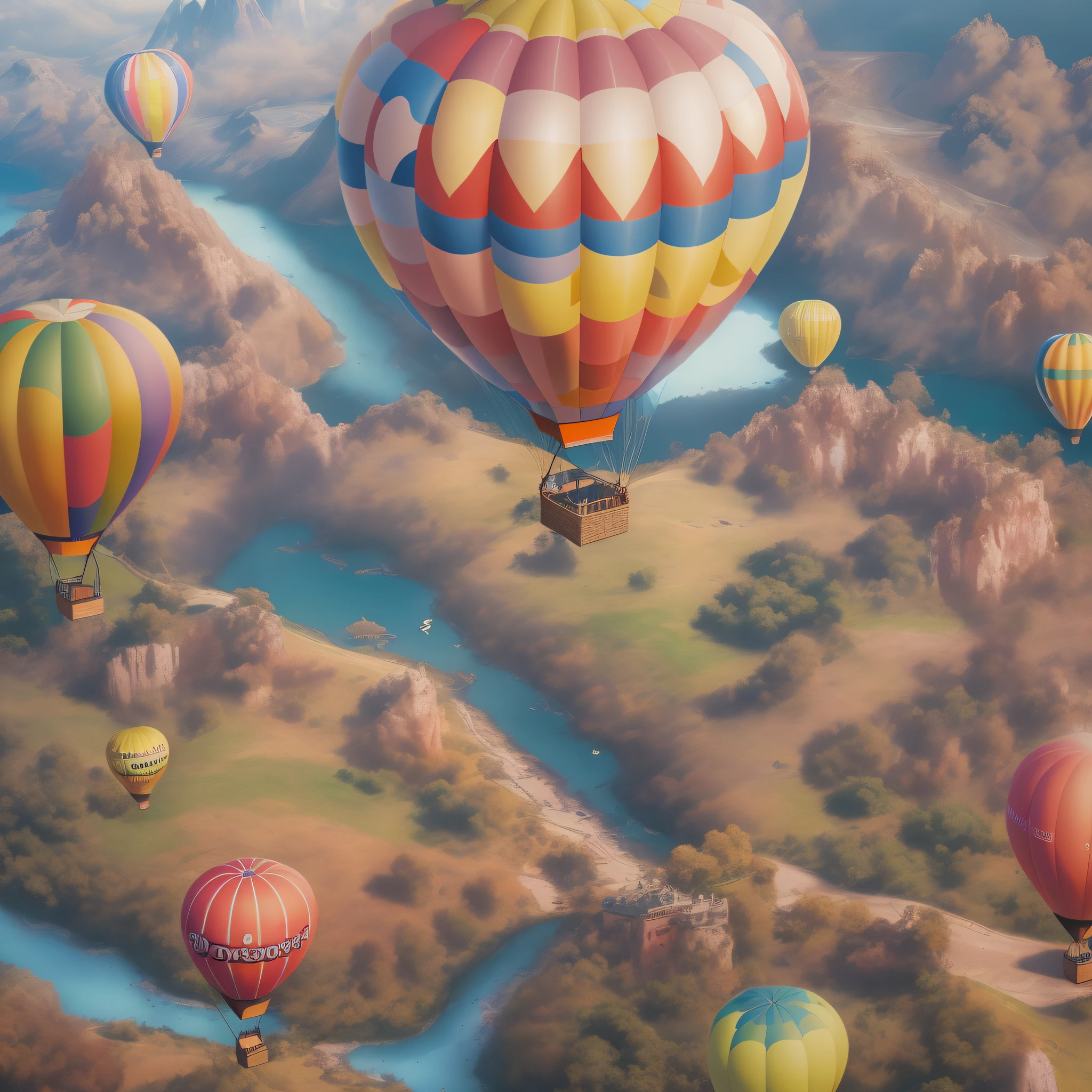 A hot air balloon,floating in sky,Colorful illustrations,mind-blowing views,bird's eyes view,Fantastical Atmosphere,Sunny day,blue-sky,Fluffy clouds,adventuring,roam,Trip,exploring,peaceful and serene,Tranquil experience,Freedom to fly,(ad campaign),Promote products or services,Extraordinary visuals,Fascinating images,High-quality graphics,Professional artwork.(Best quality,4K,8K,A high resolution,Masterpiece:1.2).