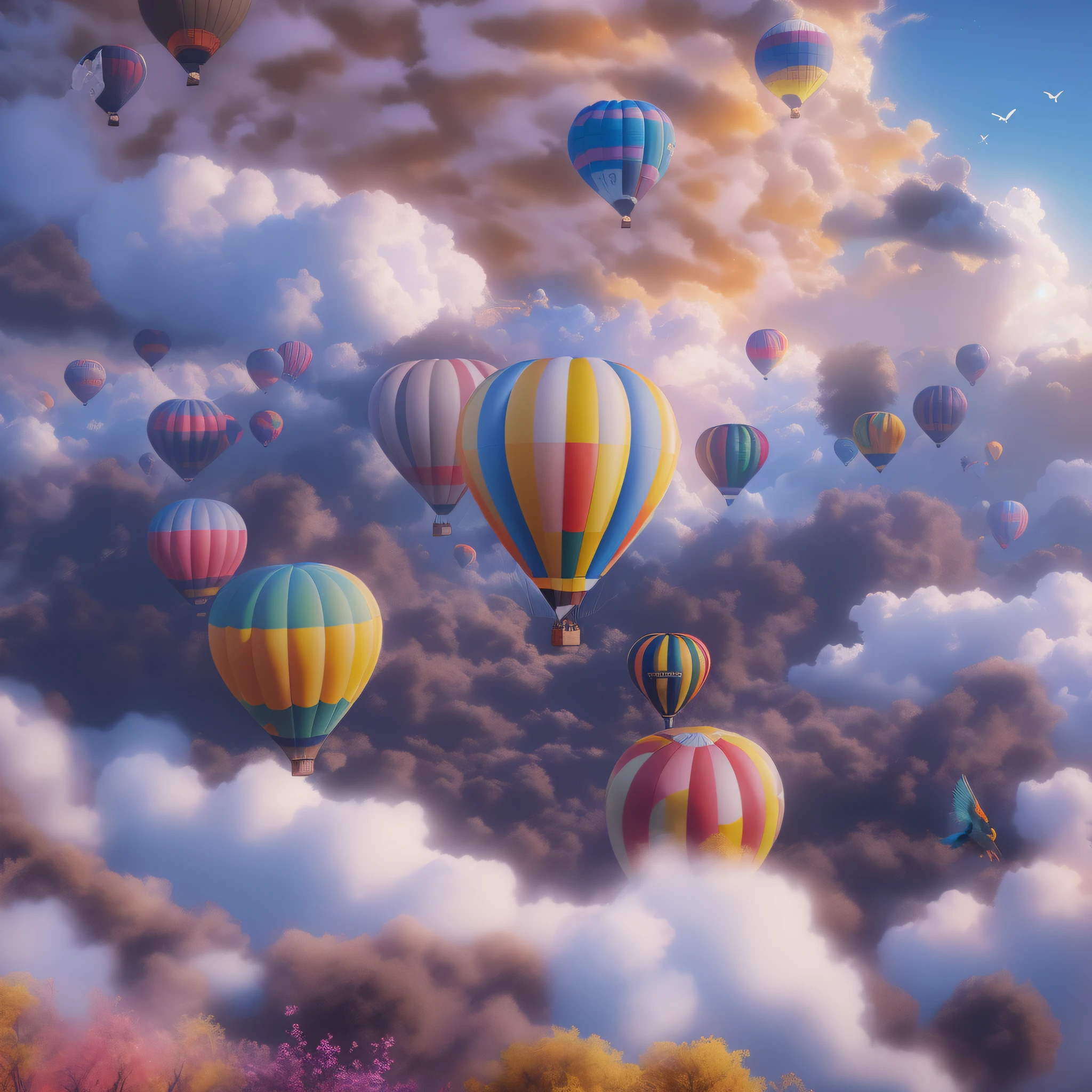 A hot air balloon，floating in sky，Colorful illustrations，mind-blowing views，bird's eyes view，Fantastical Atmosphere，Sunny day，blue-sky，Fluffy clouds，adventuring，roam，Trip，exploring，peaceful and serene，Tranquil experience，Freedom to fly，(ad campaign)，Promote products or services，Extraordinary visuals，Fascinating images，High-quality graphics，Professional artwork.(Best quality,4K,8K,A high resolution,Masterpiece:1.2).