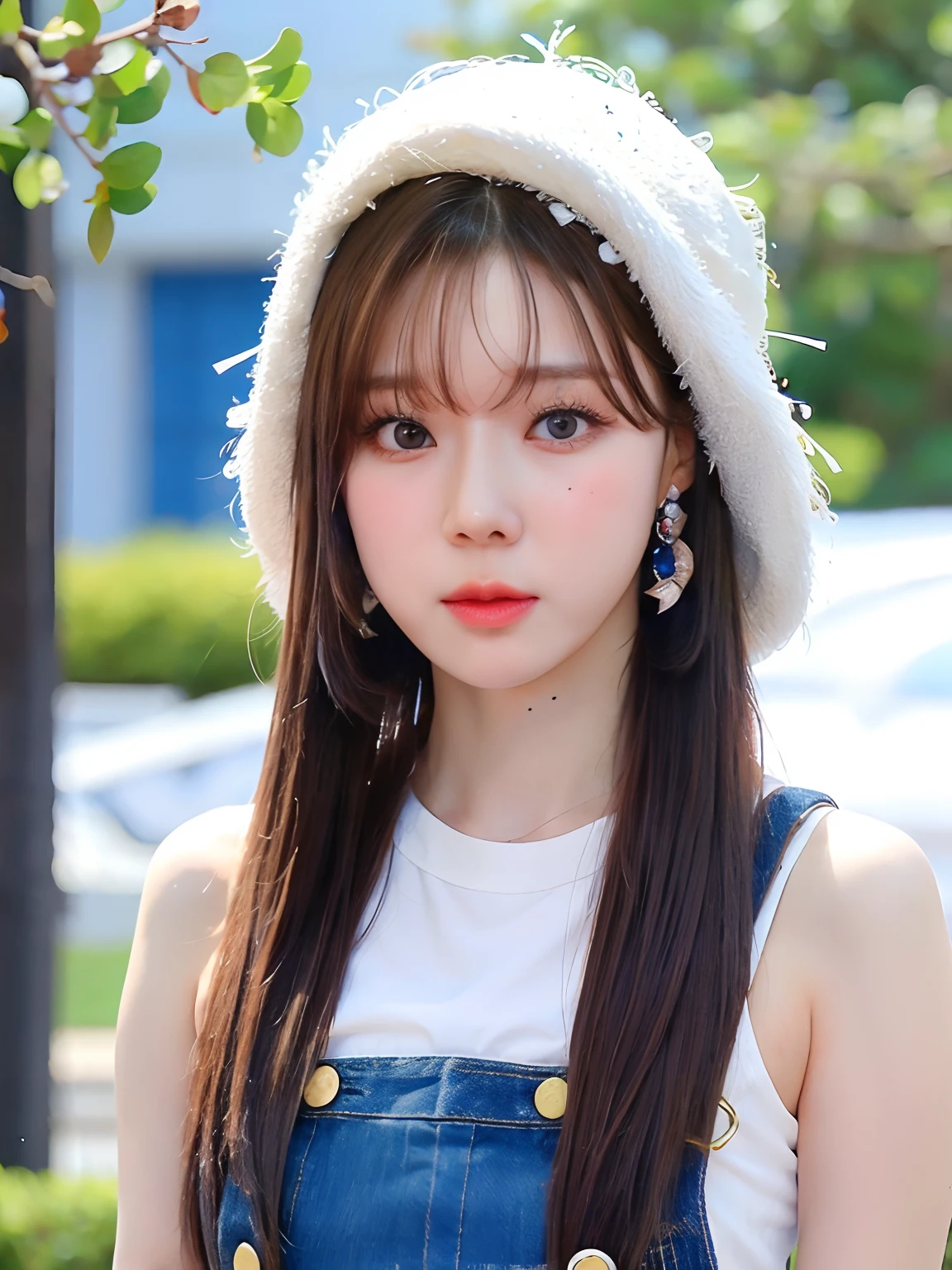 Araffe girl with a white cat hat and a blue jeans overall, franja branca, Ulzzang, franja fofa, cabelo whitebangs cabelo, Lalisa Manobal, Heonhwa Choe, longos cabelos brancos e franja, Jinyoung Canela, Jaeyeon Nam, cabelos brancos e fringy, Dom Yunjoo, branco hime corte penteado, wan adorable korean face, cabelo azul, cabelos azulados, cabelos chamativos. Black buttons for eyes, Buttons in your eyes