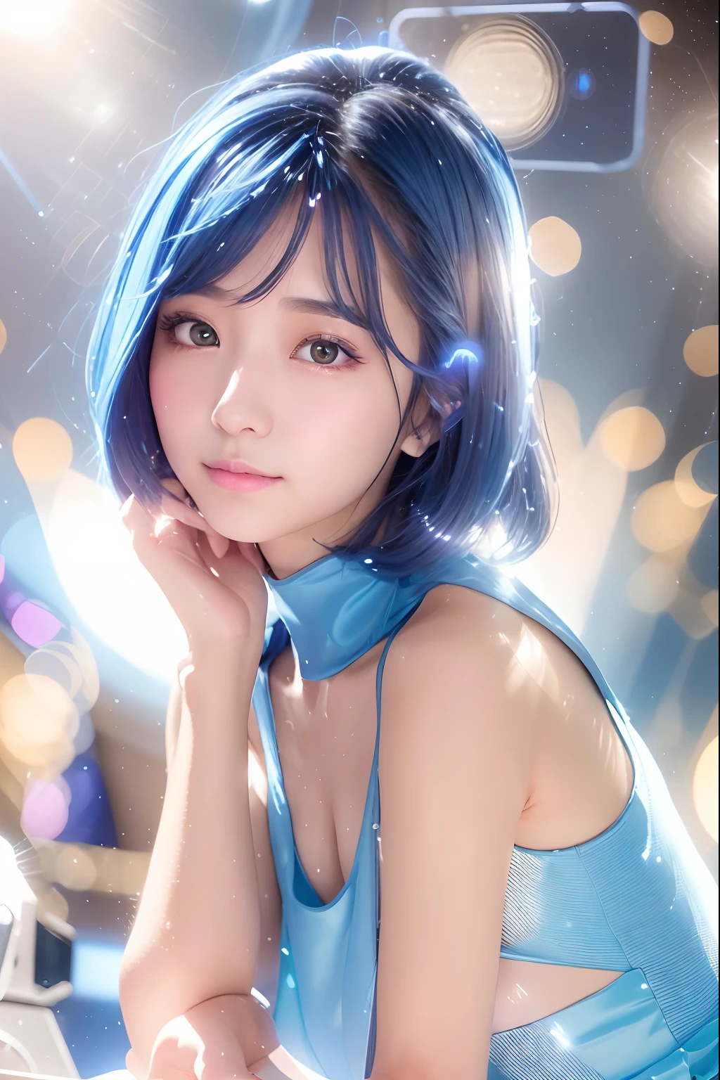 Alafi girl in a blue dress poses with a microphone on stage, dilraba dilmurat, jaeyeon nam, 8K Artgerm bokeh, with glowing blue lights, portrait of female korean idol, Korean Idol, Shot on Canon EOS R 6, hwang se - on, jia, shaxi, in a glowing skirt, tiffany style