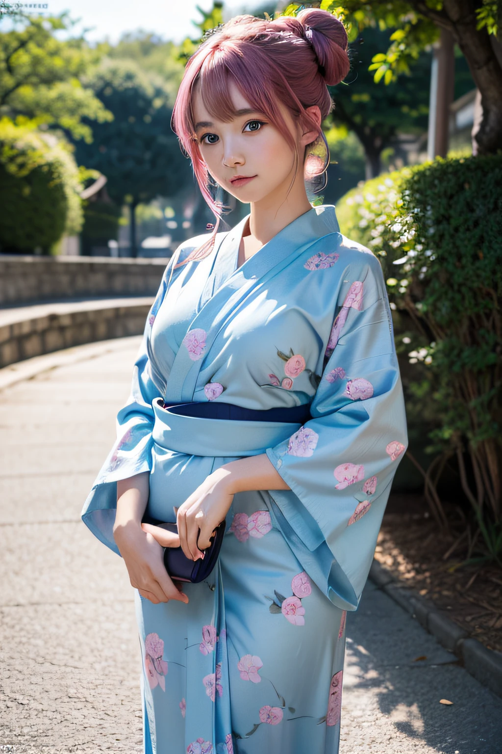 (masterpiece, best quality, beautiful girl, solo, gardeniass, 8k, official art, raw photo, detailed Blue eyes, full Pink Hair, 2 buns, classic yukata, , shy, medium curvy body, blue eyes, soft smile