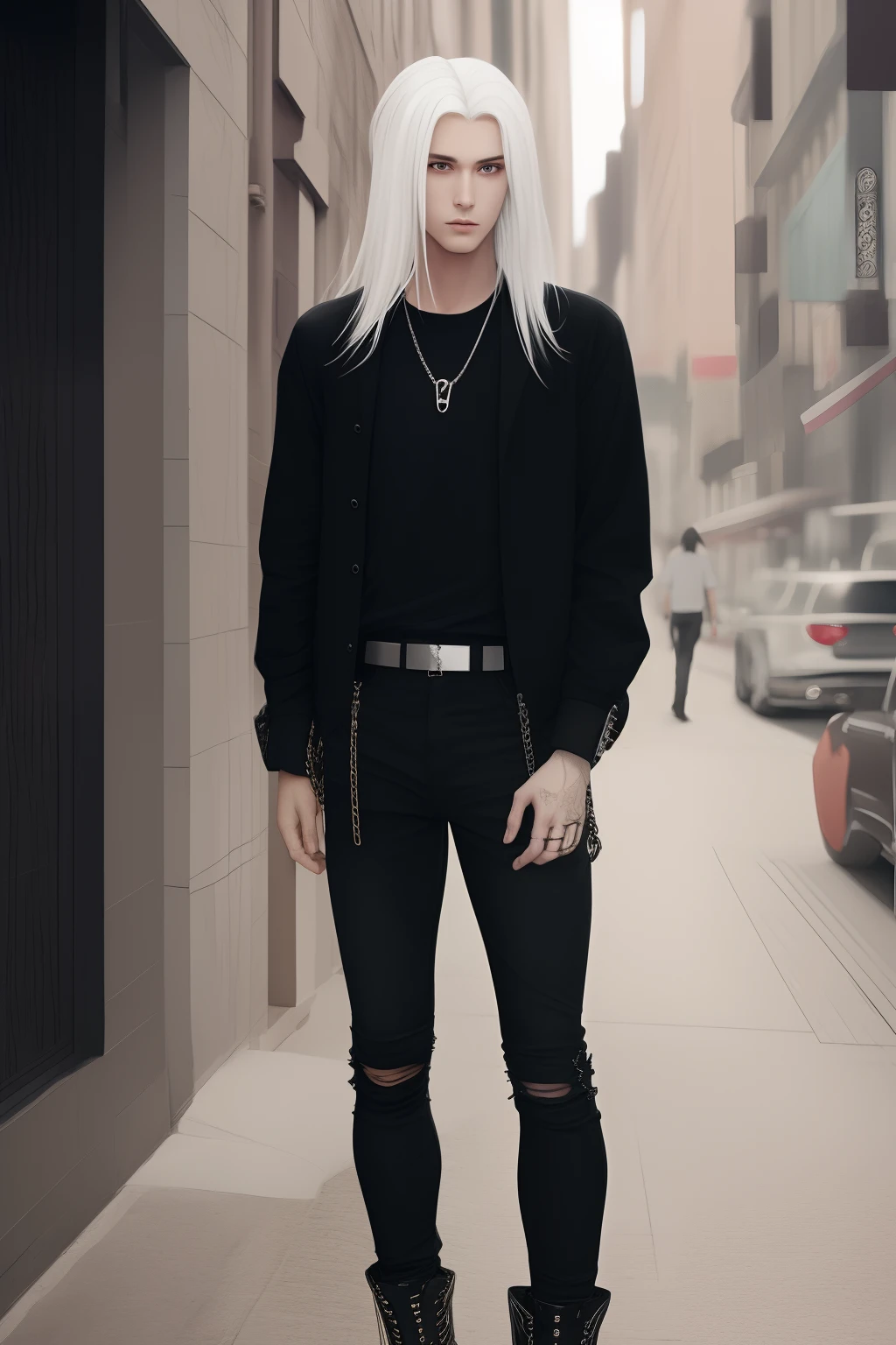Pretty anime guy with long white hair, black shirt, black skinny jeans, studded belt and black fur boots