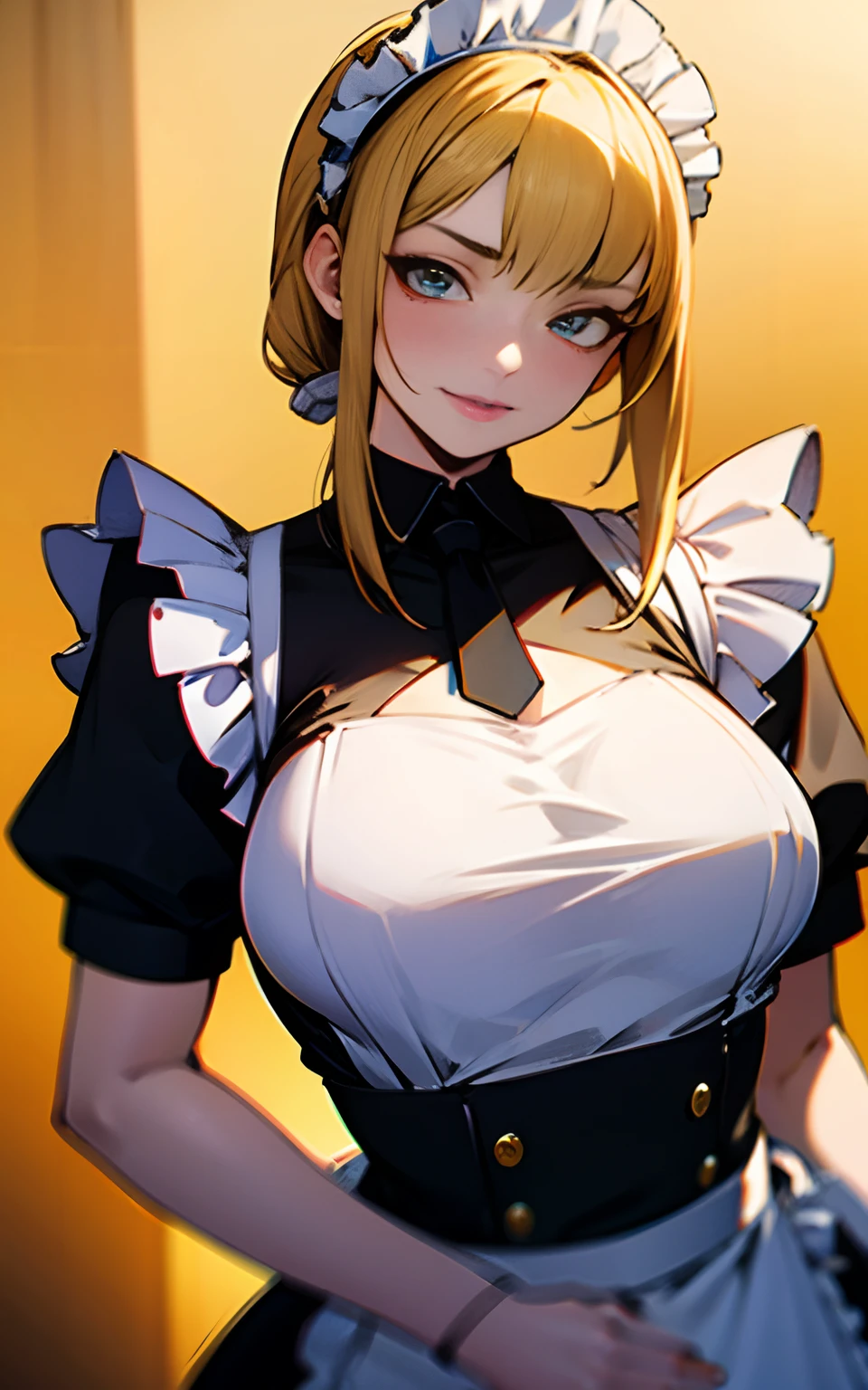 (Original Character、Unity 16K Wallpaper, Masterpiece, Best Quality, Ultra-Detailed, Extremely Detailed CG, Caustics, Cinematic Lighting, Detailed, Beautiful Detailed Eyes, solo,sexy women), Ultra High Resolution, fine skin, (maid, maid apron, maid headdress), (strong light)、oily skin,curvy:1.2,sexy women,little devil face,large breasts,gold hair