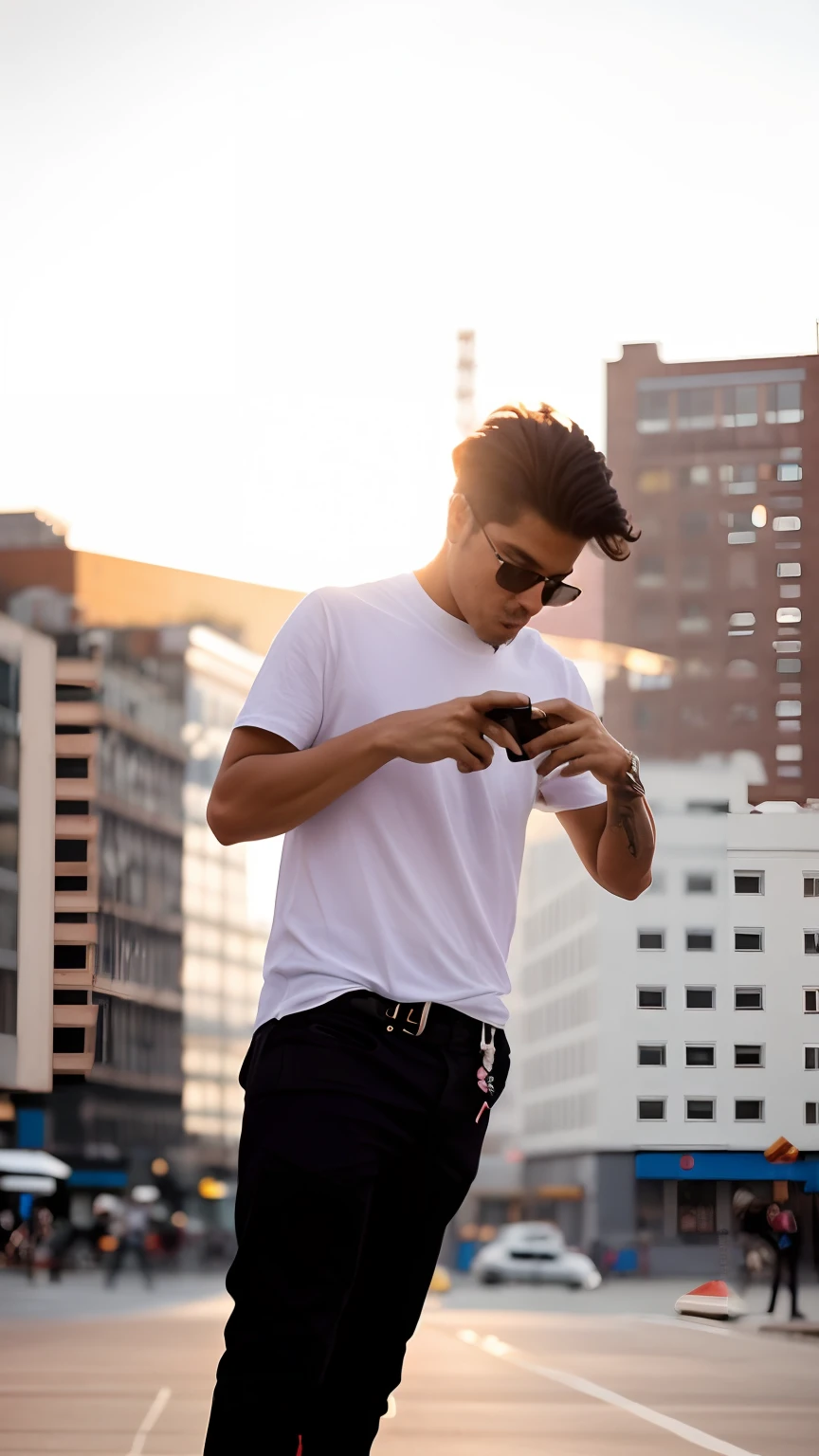 there is a man standing on a skateboard on the street, cool pose, stylish pose, shooting pose, cinematic shoot, with a cool pose, very artistic pose, shot on sony a 7, very very low quality picture, candid picture, t pose, modeling shoot, shot with sony alpha, taken with sony alpha 9, profile pose, photo shoot, very cool pose