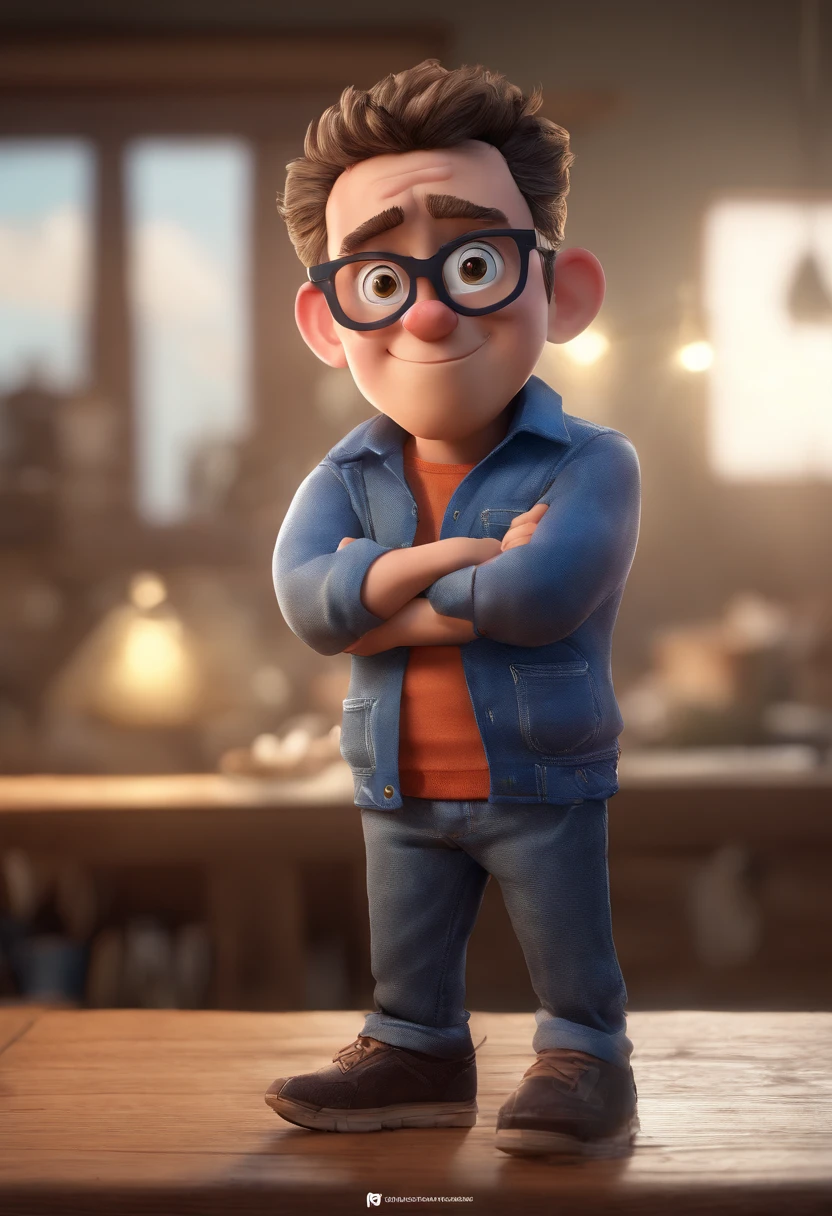 Cartoon character of a man with black glasses and a blue shirt, animation character, Caractere estilizado, animation style rendering, 3D estilizado, Arnold Maya render, 3 d render stylized, toon render keyshot, Personagem 3D, Personagem 3D, 3d rendering stylized, 3 d character render, personagem de desenho animado, Personagem de close up, Pose de personagem, (Estilo Pixar) (master part:1.2) (Bokeh) (best quality) (pele detalhada) (textura detalhada) (8k) (argila) (Cinematic lighting) (foco nítido