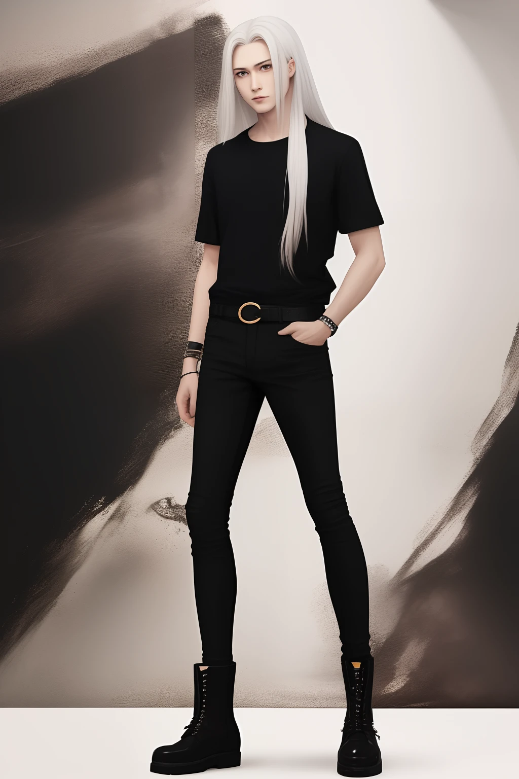 Pretty anime guy with long white hair, black shirt, black skinny jeans, studded belt and black fur boots