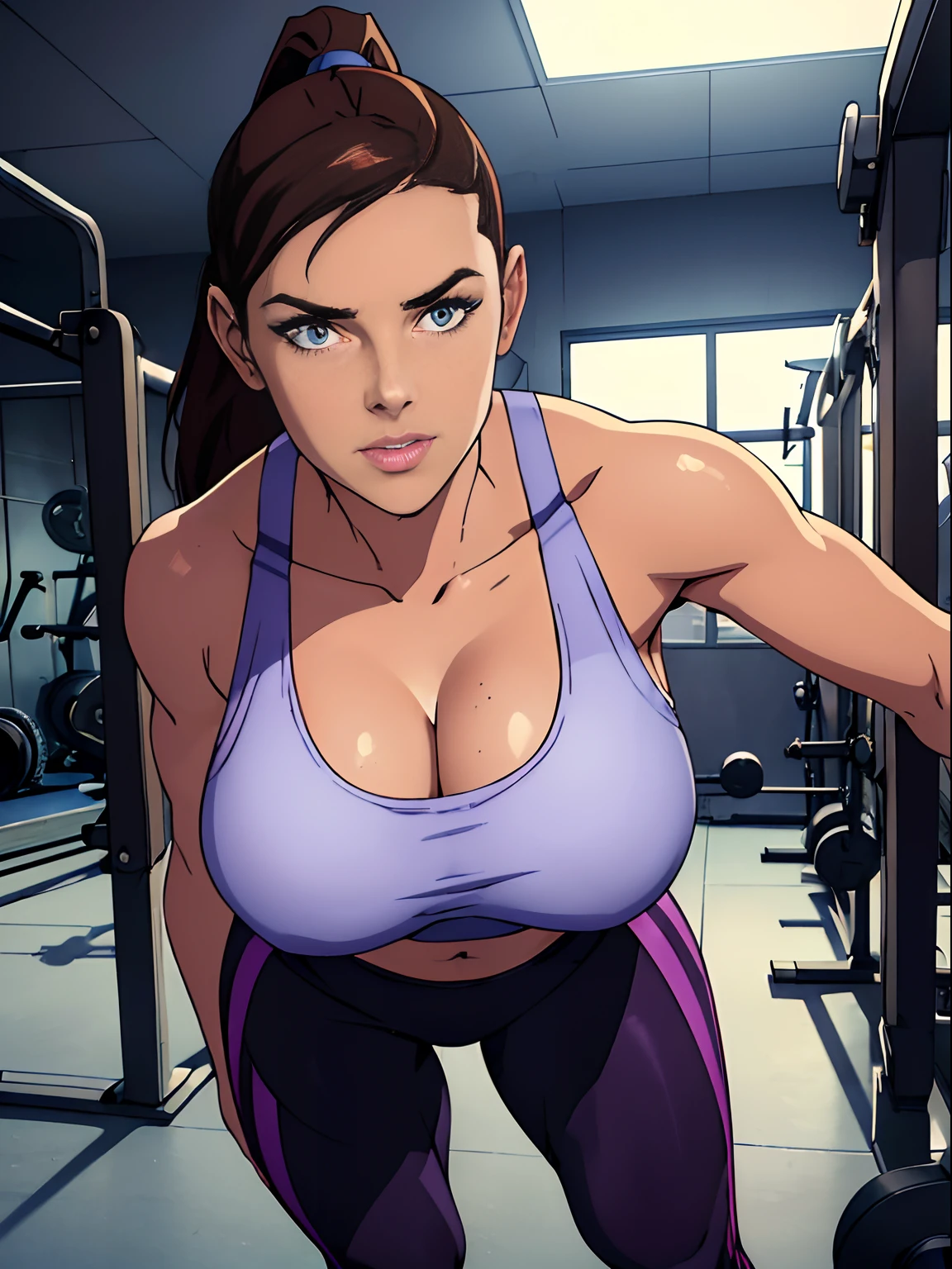 (masterpiece, top quality, best quality, official art, beautiful and aesthetic:1.2), (1girl:1.3), (gorgeous face), light freckles, fair skin, brown hair, extremely detailed, portrait, looking at viewer, solo, (full body:0.6), detailed background, close up, (airy modern theme:1.1), extremely busty gym girl, ponytail, big lips, arched back, flexing, charlatan, smirk, mysterious, standing in the gym, sports bra, leggings, headphones, wet, workout gear, weight machines, windows, modern gym, well-lit, thin and toned physique, ((((gigantic breasts, cleavage, skindentation)))), slim waist, slim hips, long legs, modern (gym interior:1.1) background, dark mysterious lighting, shadows, magical atmosphere, dutch angle,