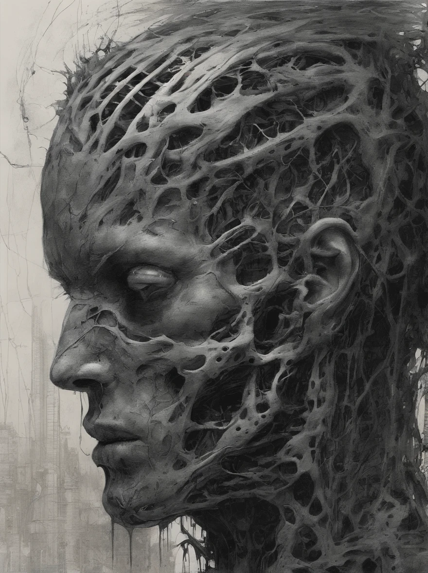 full body of a zombified cyborg mutant humanoid terrifying creature, Perfect centralization, coelho (franco)de Donnie, Standing position, beleza abstrata, Centrado, looking at the camera, Facing the camera, nearing perfection, triste, desespero, corpo inteiro, hands on her head, Dynamic, altamente detalhado, liso, foco nítido, 8k, high-definition resolution, illustration, arte de Carne Griffiths e Wadim Kashin, Zdzislaw Beksiński