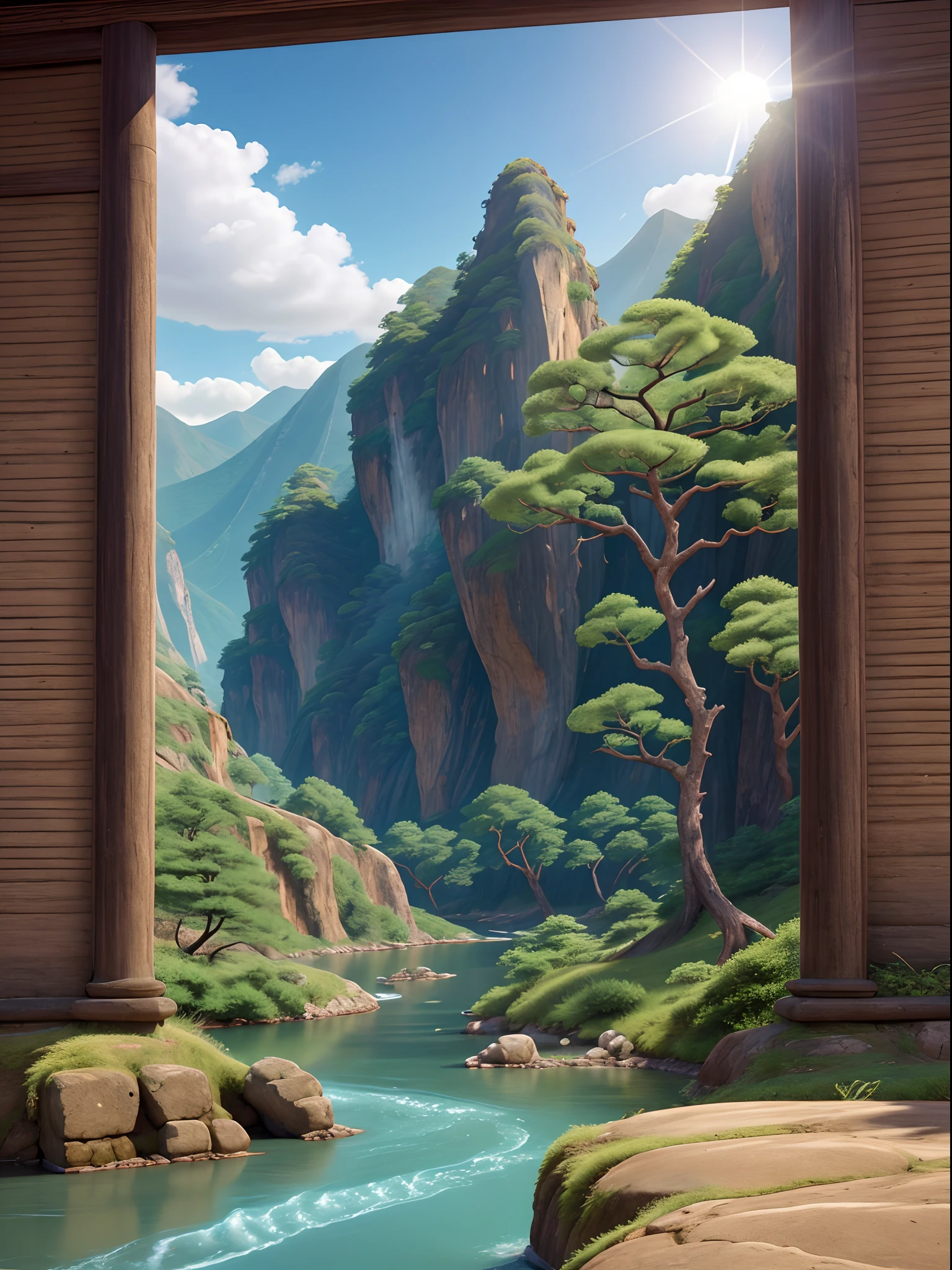 Ancient Chinese landscapes, Mountains, rivers, Auspicious clouds, Sunshine, Masterpieces, Super detail, Epic composition, Ultra HD, High quality, Extremely detailed, offcial art, Unified 8k wallpaper, Super detail, 32k -- v 6