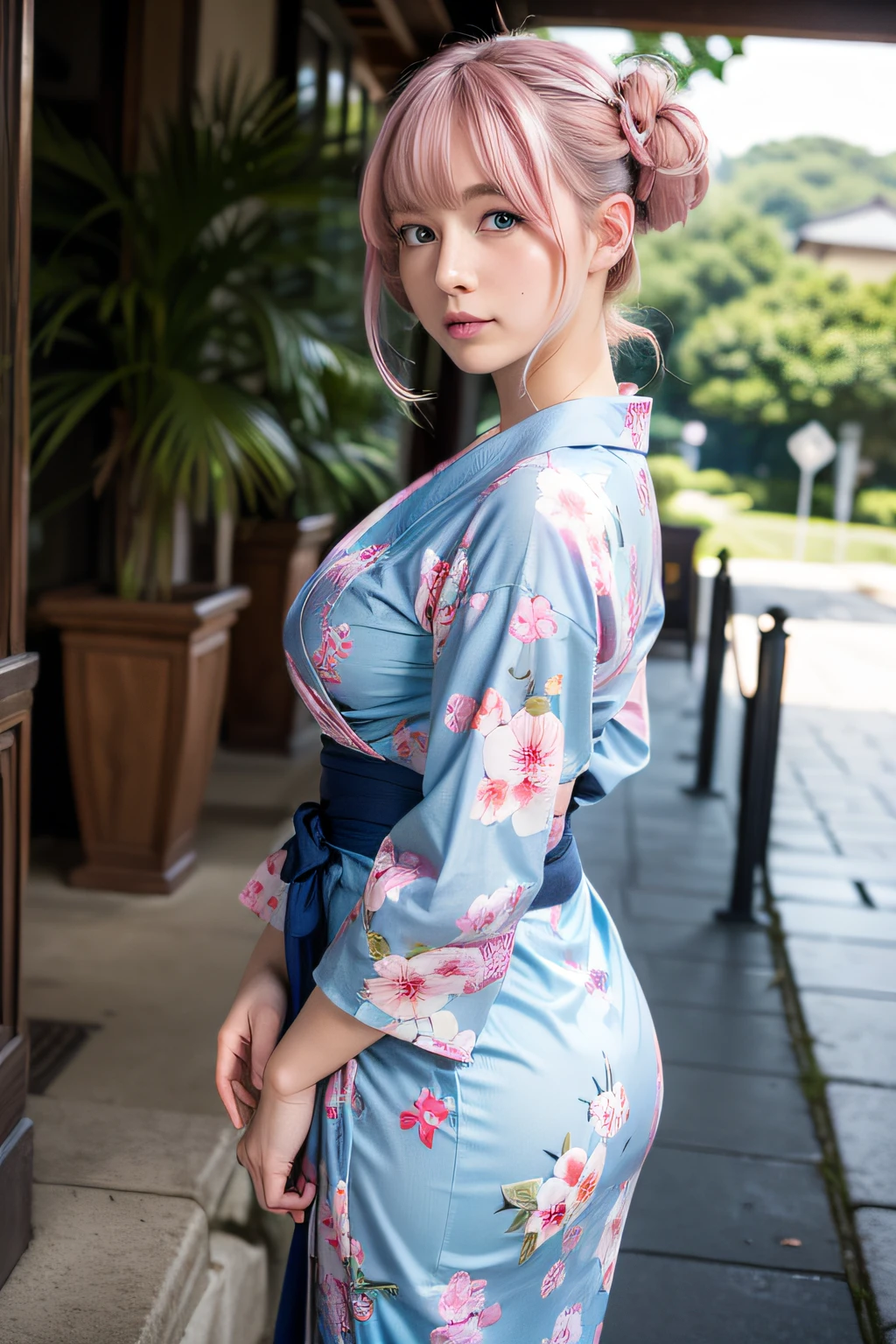 (masterpiece, best quality, beautiful girl, solo, gardeniass, 8k, official art, raw photo, detailed Blue eyes, full Pink Hair, 2 buns, classic yukata, teen, shy, medium curvy body, blue eyes, soft smile