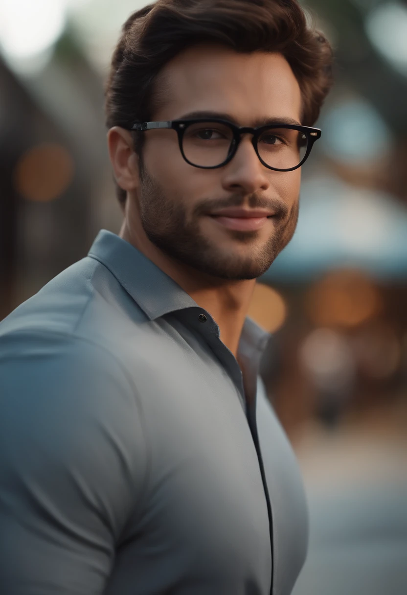 Garoto, estilo disney, tom de pele: escuro: Cabelo: preto escuro, curto. square eyeglasses. camisa: gola Polo preta. Cor preta. Fundo: Gray and white gradient,Comemorando, Hands raised, sorrindo, feliz, (estilo pixar) (obra-prima:1.2) (bokeh) (melhor qualidade) (pele detalhada) (textura detalhada) (8k) (claymation) (cinematic lighthing) (foco nítido
