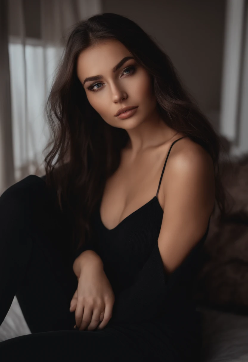 arafed woman with black clothes, sexy girl with brown eyes, portrait sophie mudd, dark brown hair and large eyes, selfie of a young woman, bedroom eyes, violet myers, without makeup, natural makeup, looking directly at the camera, face with artgram, subtle makeup, stunning full body shot, in bedroom, cleavage, model pose, effortless, luxury,
